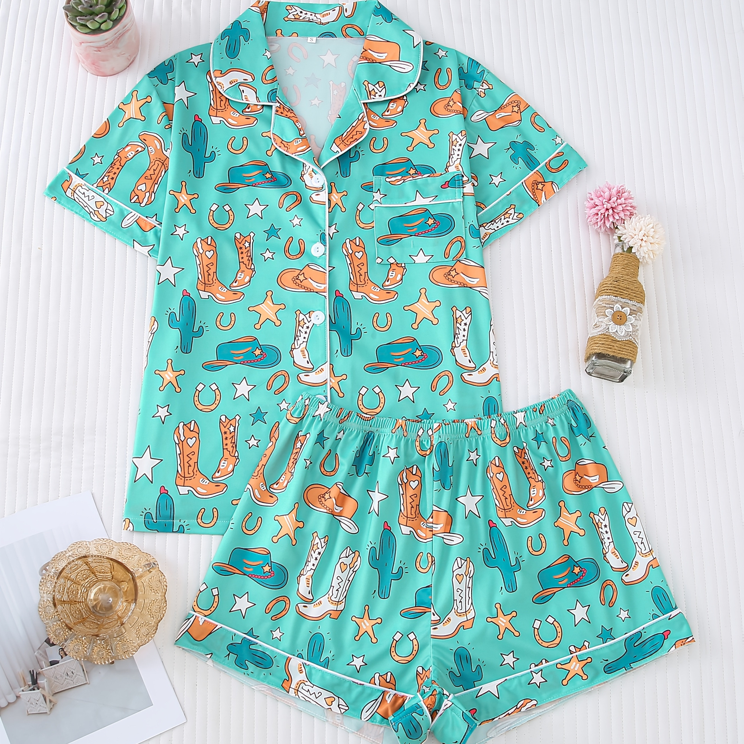 

2pcs Cowboy-inspired Print Women's Pajama Set - Turquoise Short Sleeve Button-up Shirt With Collar & Waist Shorts, Casual Comfortable Sleepwear & Loungewear, Machine Washable