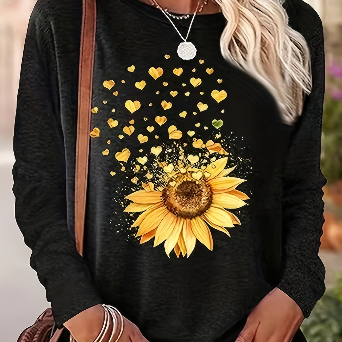 

Plus Size Yellow Love Sunflower Printed T Shirt, Fashion Spring And Autumn Casual Long Sleeve T Shirt, Women's