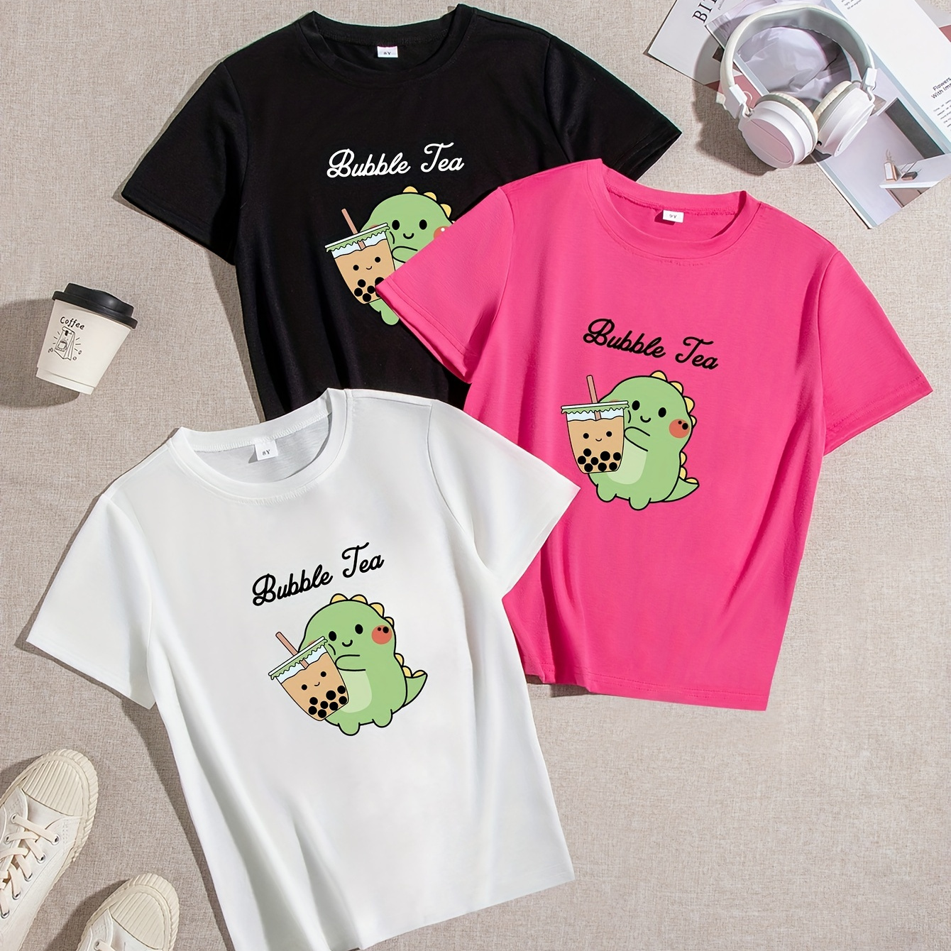 

3pcs Girls' Graffiti Bubble Tea & Cute Dinosaur Graphic Print Creative T-shirts, Soft & Elastic Comfy Crew Neck Short Sleeve Tee, Girls' Summer Tops