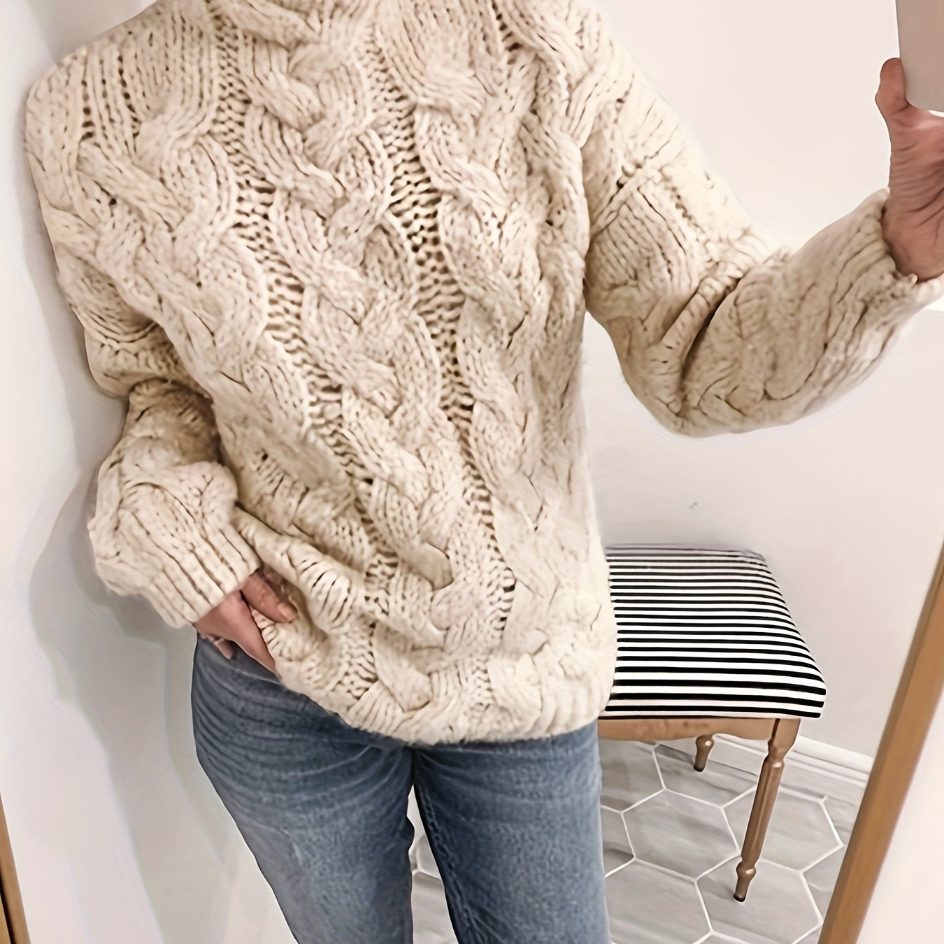 

Solid High Neck Cable Knit Sweater, Casual Drop Shoulder Long Sleeve Sweater, Women's Clothing