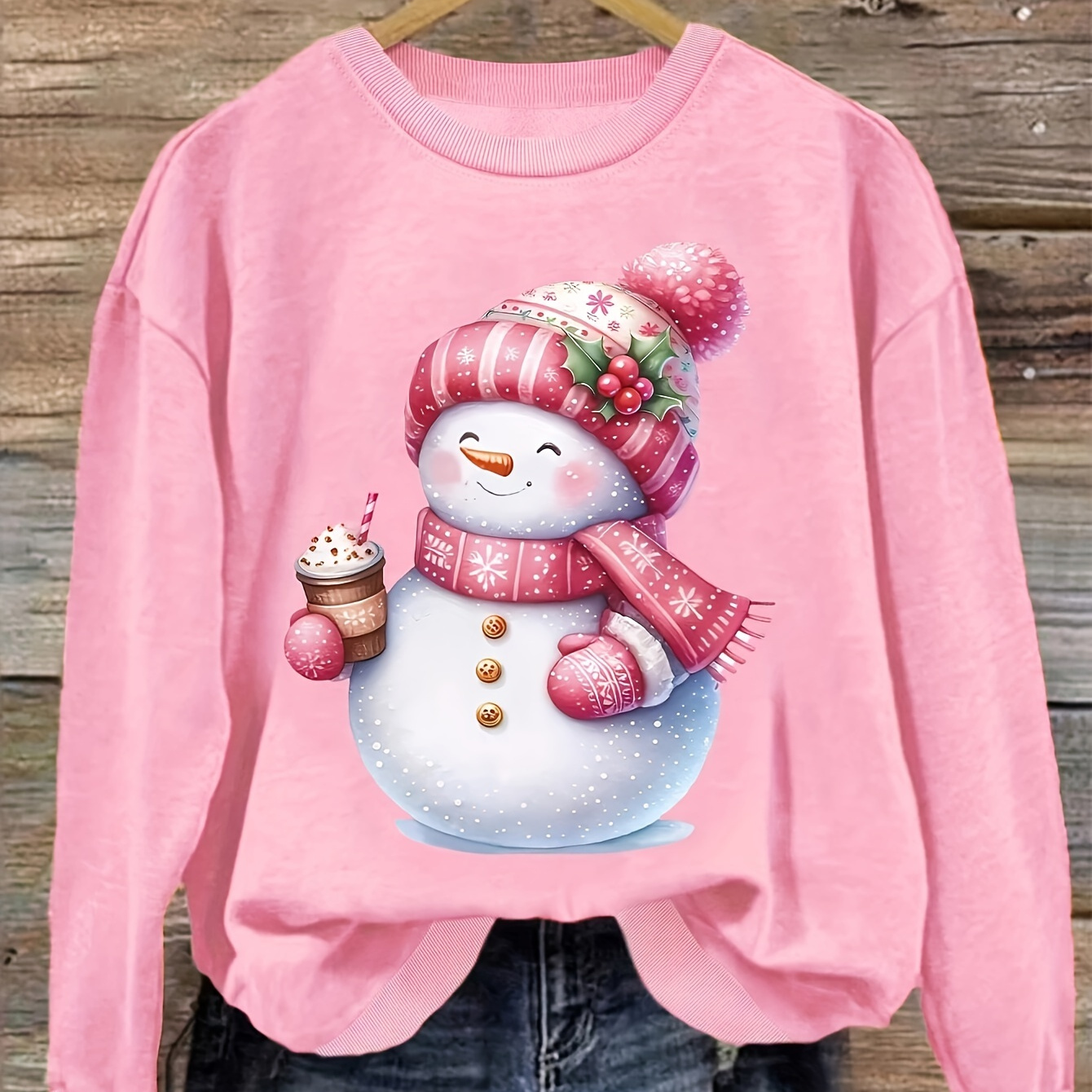 

Women's Cozy Pink Christmas Snowman Fleece Sweatshirt - Cute Design With Red Beanie And Scarf, Machine Washable, Seasonal Fashion|christmas Sweatshirt|stretchy Fabric, Christmas Clothes