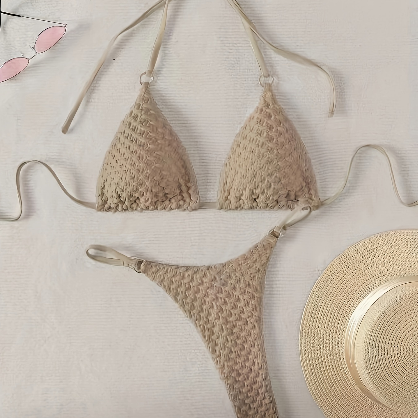 

Ensemble bikini sexy de couleur unie pour femmes, en polyester élastique tricoté avec des détails de , maillot de bain pièces