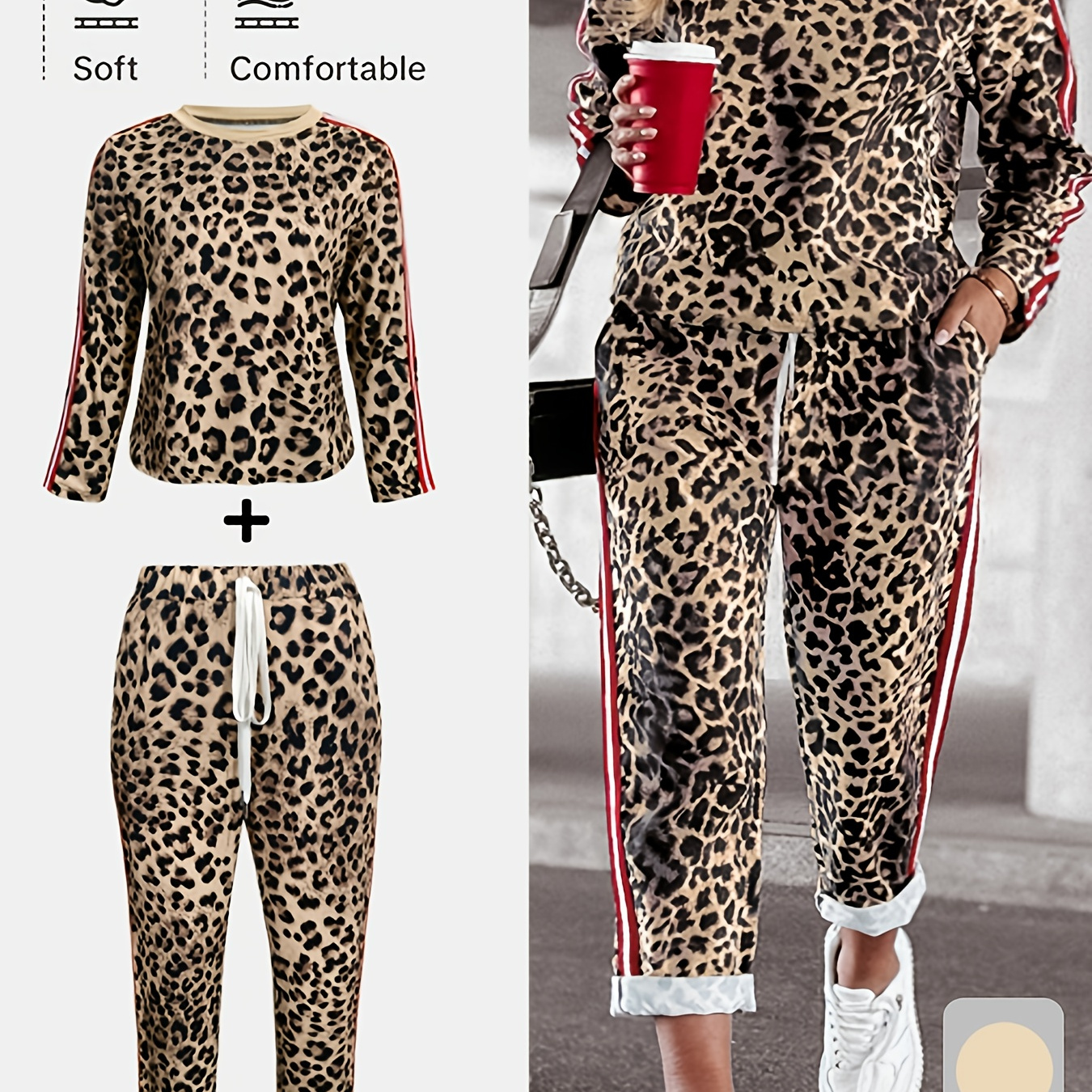 

Plus Size Elegant Long Sleeve Leopard Print Patchwork Round Neck Waist-tied Sports Pants Knitted Long Pants Set For Spring And Summer.