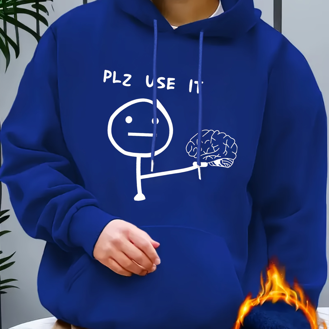 

Men's Casual Hoodie With "plz " Print And Brain , Polyester Knit Fabric, Regular Fit, Hooded Sweatshirt For Fall/winter