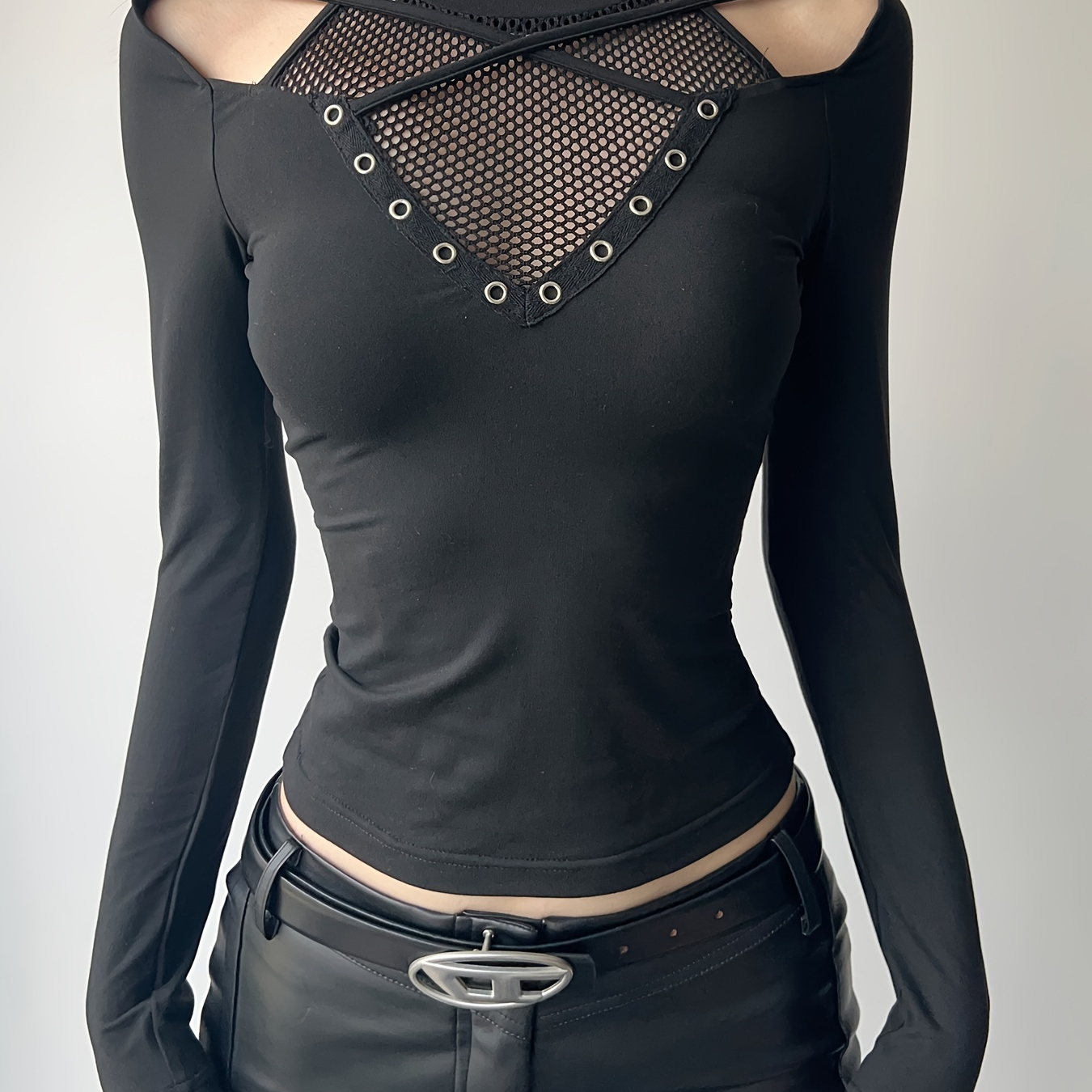 

Punk Fishnet Patchwork Hollowed-out Off-shoulder T-shirt, Dark Retro Fitted Long-sleeve Top For Japanese And Korean Trendy .