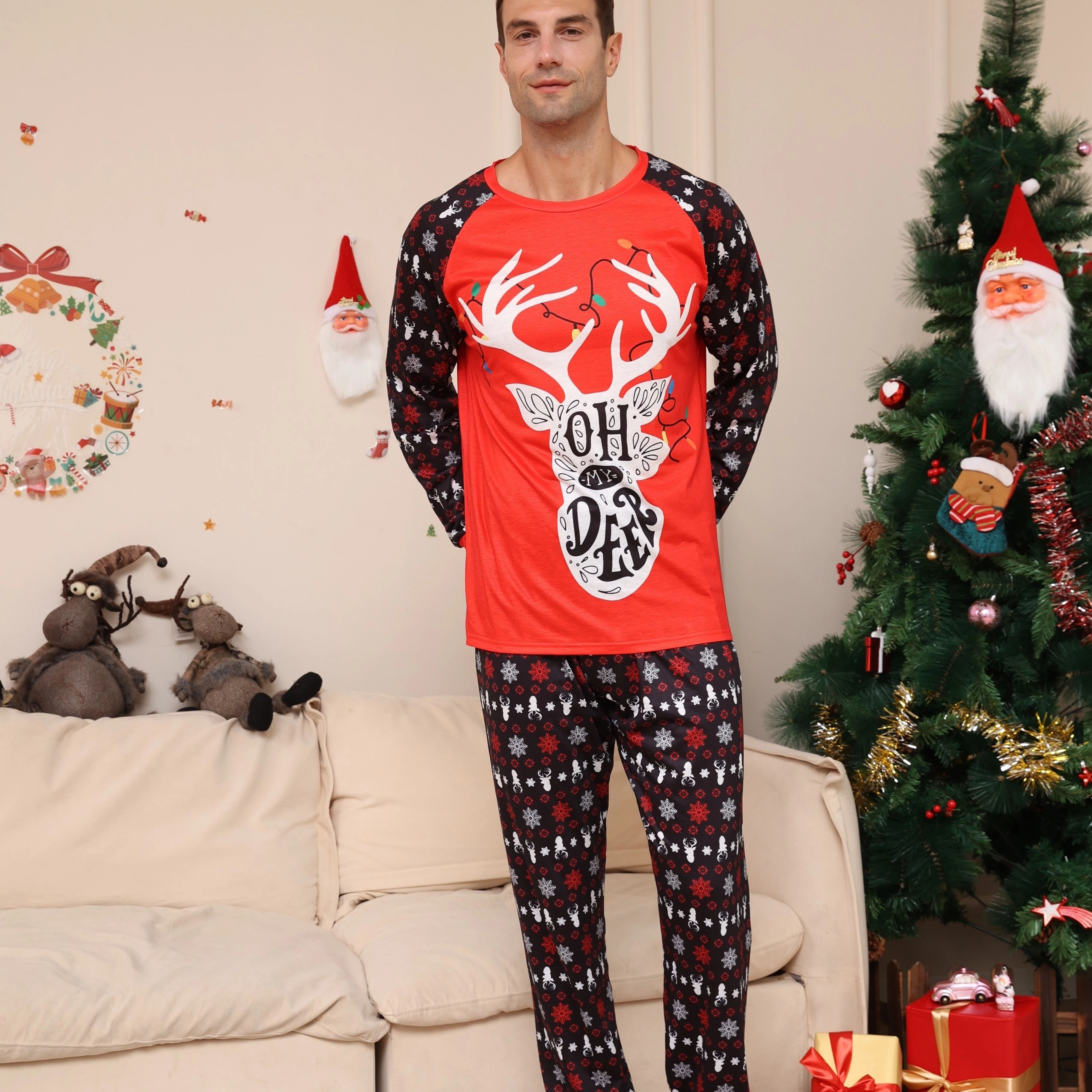 Men's Casual Comfy Christmas Home Pajamas Set, Reindeer Graphic