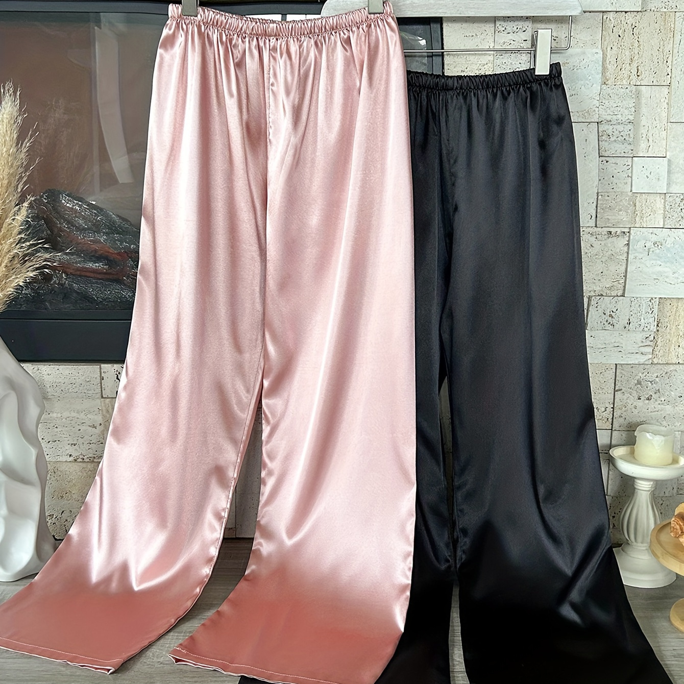 

2pcs Women's Satin Sleepwear Pants - Elegant Pink And Black, Comfortable Waistband, Polyester, Machine Washable, Lounge Bottoms