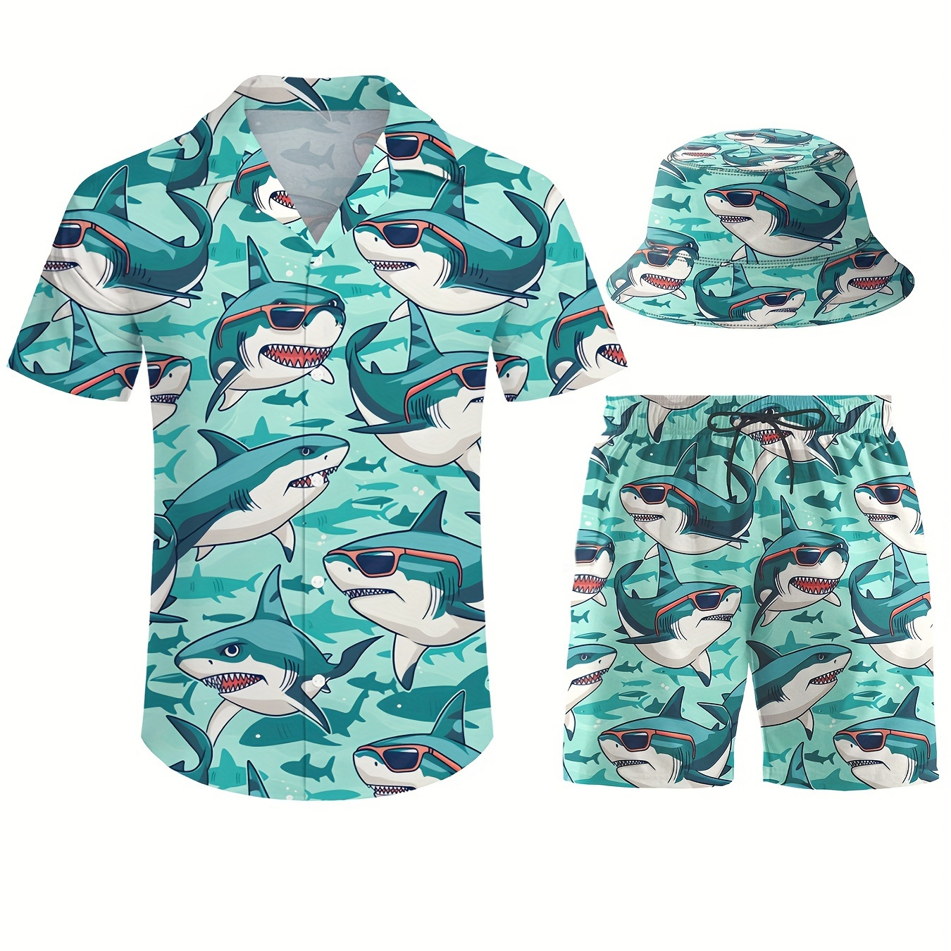 

Men's 3pcs Beach Outfit Set - Hawaiian Style With Fashion Glasses, V-neck Shirt, Drawstring Shorts & Bucket Hat - Lightweight Polyester, Machine Washable - Summer Fun, Sizes M-2xl