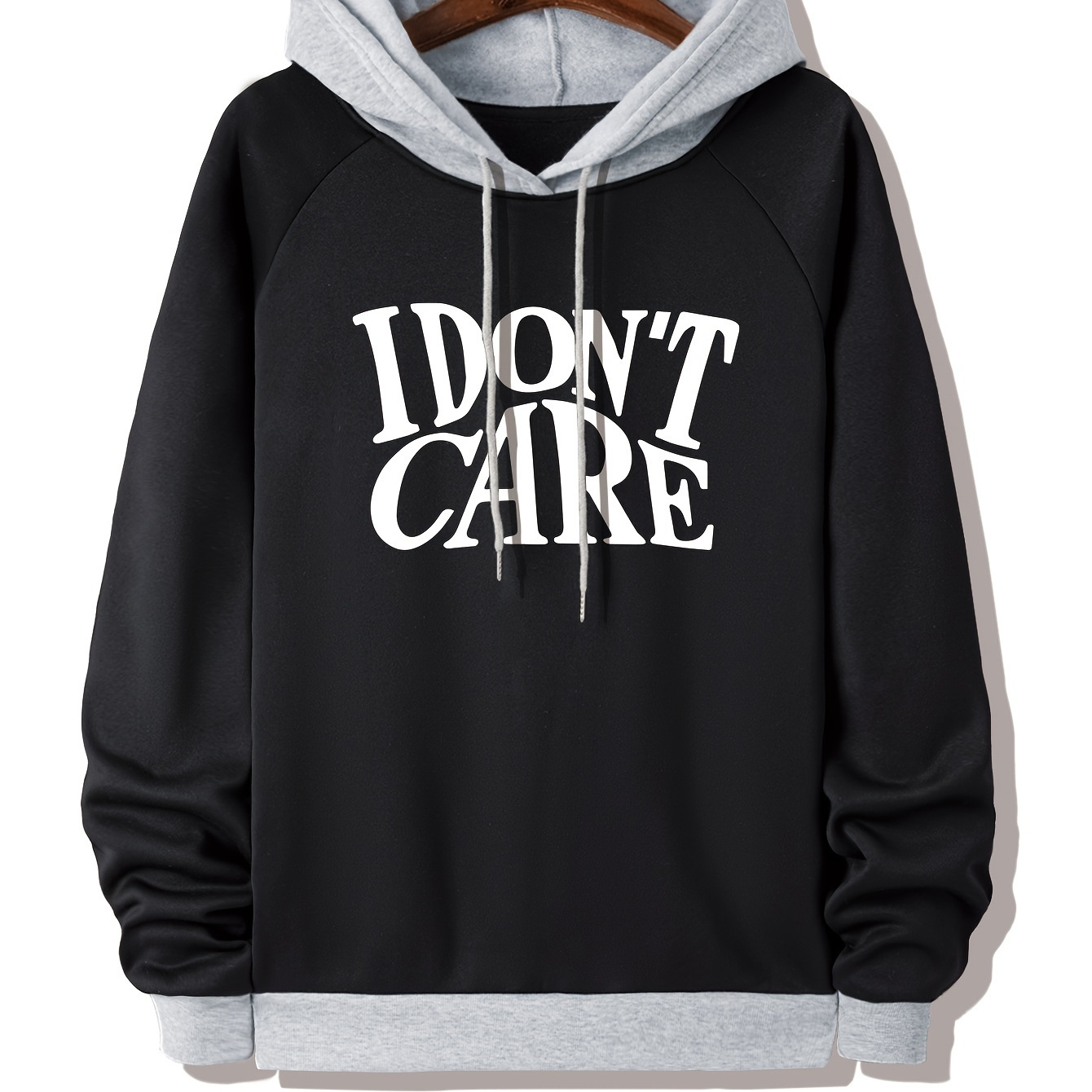 

Men's Casual I Don't Care Letter Print Hoodies, Drawstring Comfortable Oversized Block Color Hooded Pullover Sweatshirt For Spring Summer Plus Size