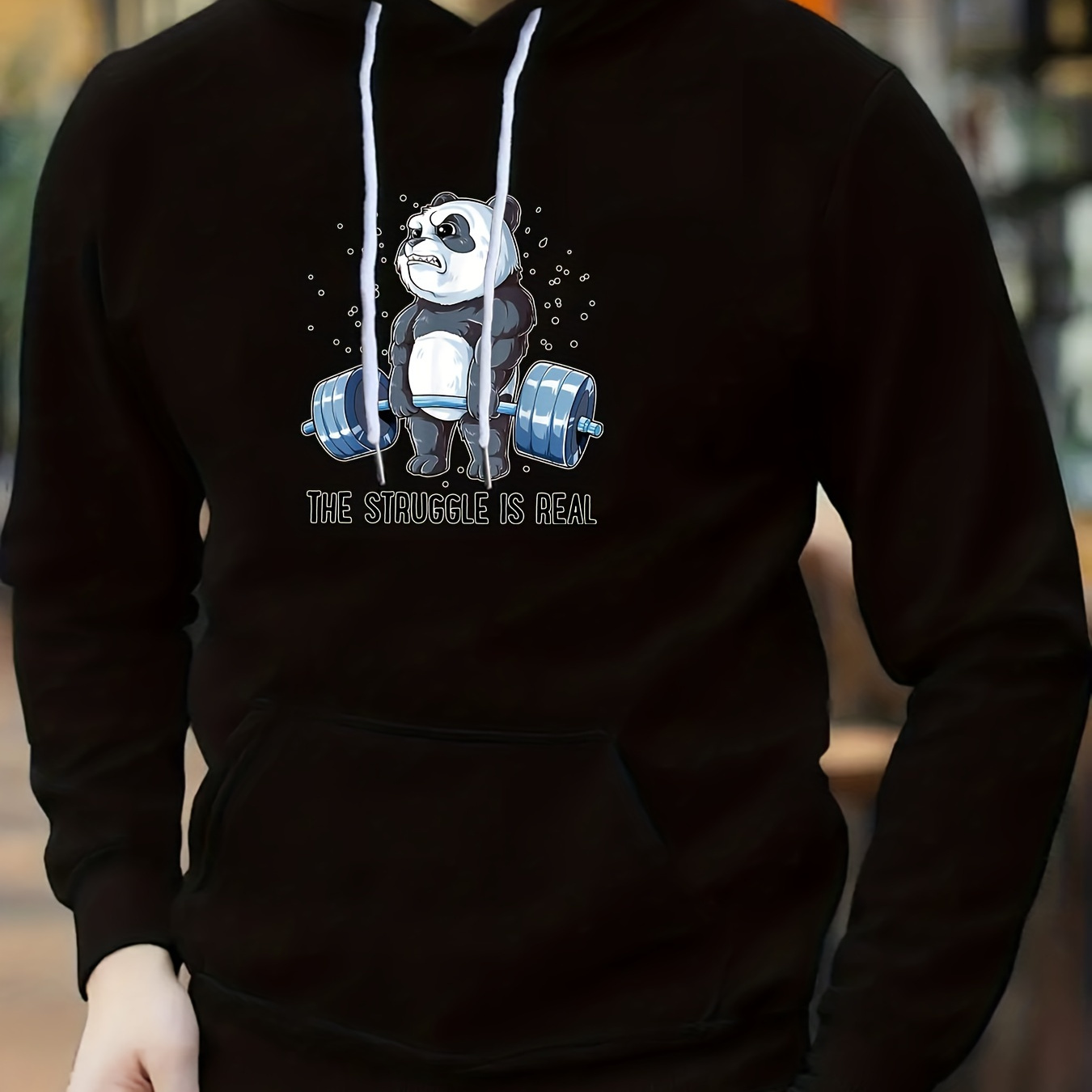 

Cartoon Weightlifting Panda Pattern Men's Trendy Hooded Sweatshirt With Kangaroo Pocket, Fall Winter