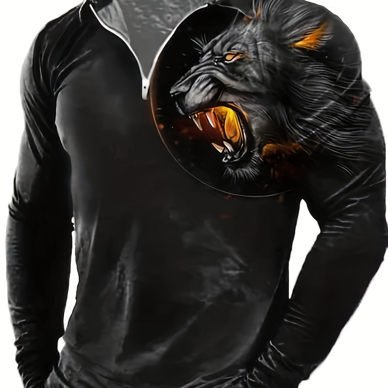 

Men's Feral Lion Graphic Long Sleeve Half-zip Lapel T-shirt For Spring And Autumn, Casual Trendy Tops As Gift