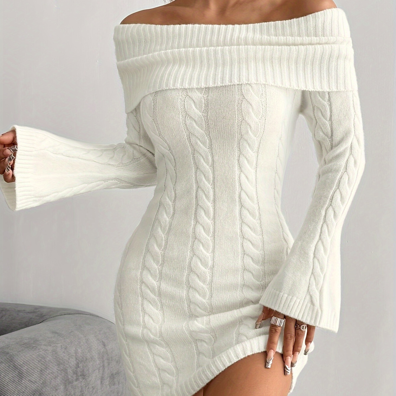 

Women's Off-shoulder Knit Dress, Casual Solid Color Polyester Bodycon With Spandex, Autumn Winter One-shoulder Weave Dress