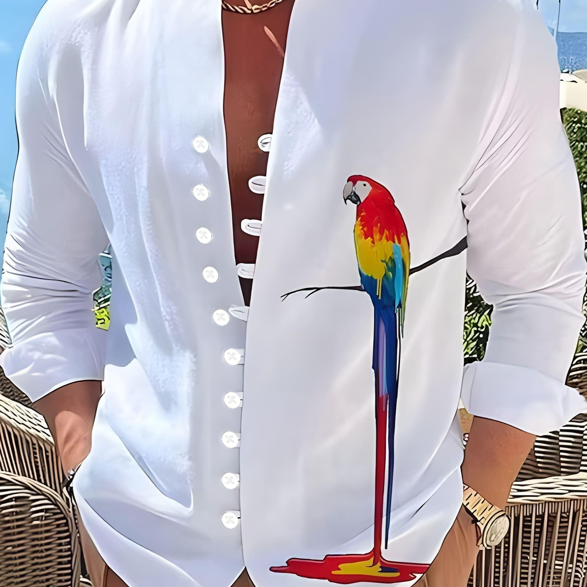 

Men's 3d Parrot Casual Shirt - Durable Woven Fabric, Easy-care, All-season Long Sleeve Top With Lapel Collar