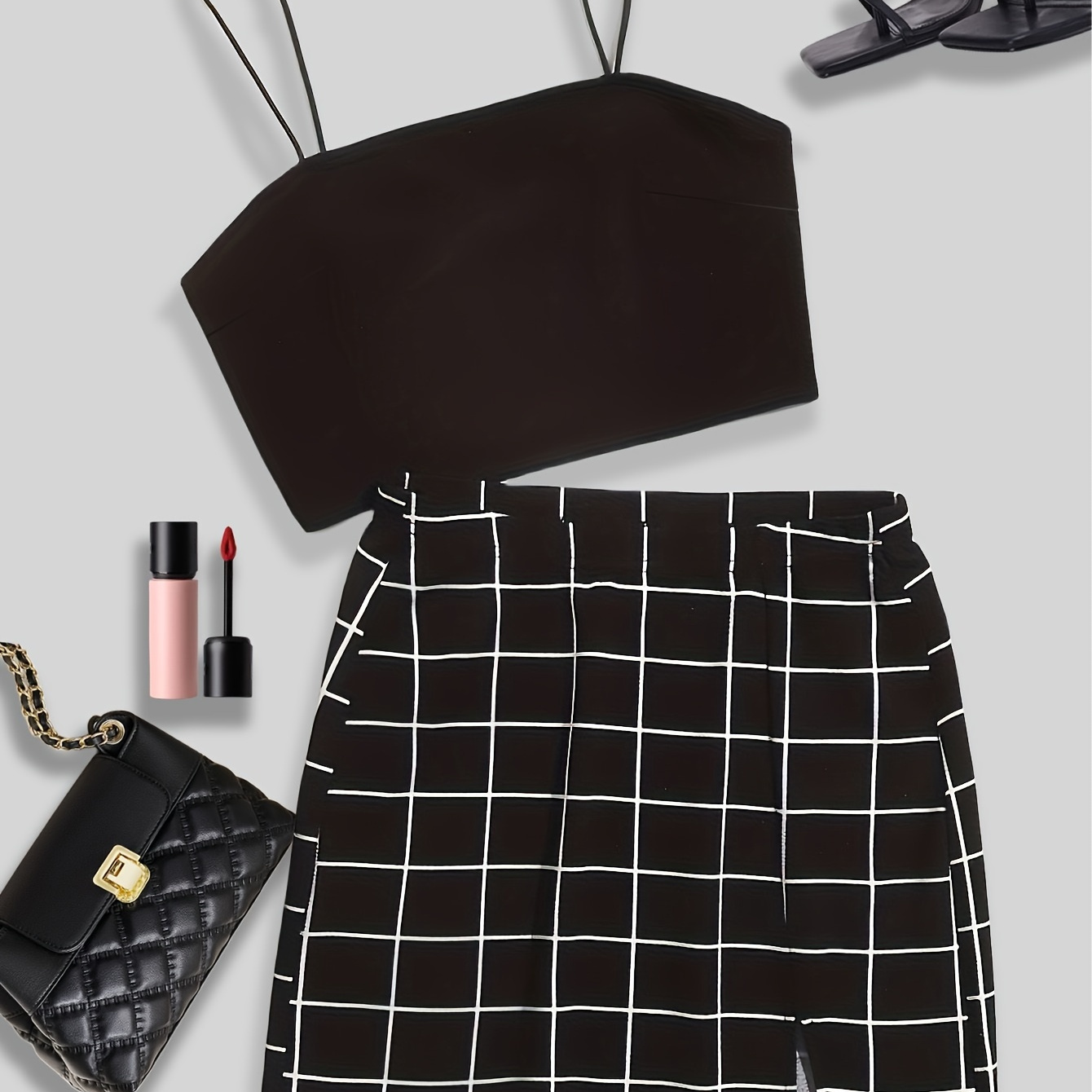

Casual Two-piece Skirt Set, Spaghetti Strap Crop Top & Plaid Split Skirt Outfits, Women's Clothing