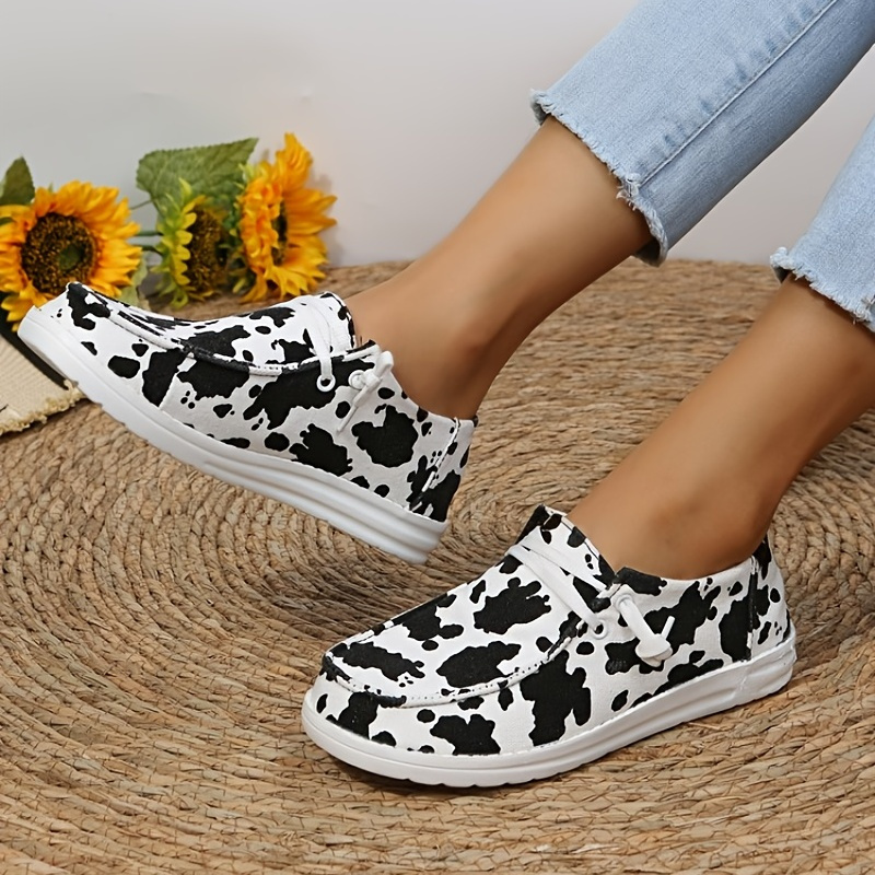Women's Sunflower Cow Print Canvas Shoes Flat Slip Shoes - Temu Canada