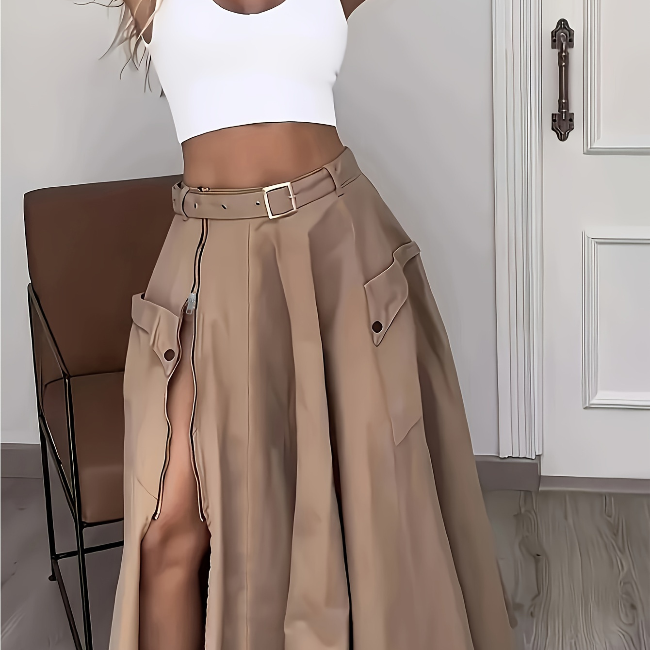 

Chic Women's High-waist Skirt With Side Slit - Solid Color, Polyester, Machine Washable - Spring/summer/fall, Woman's Fashion, Mini Skirt