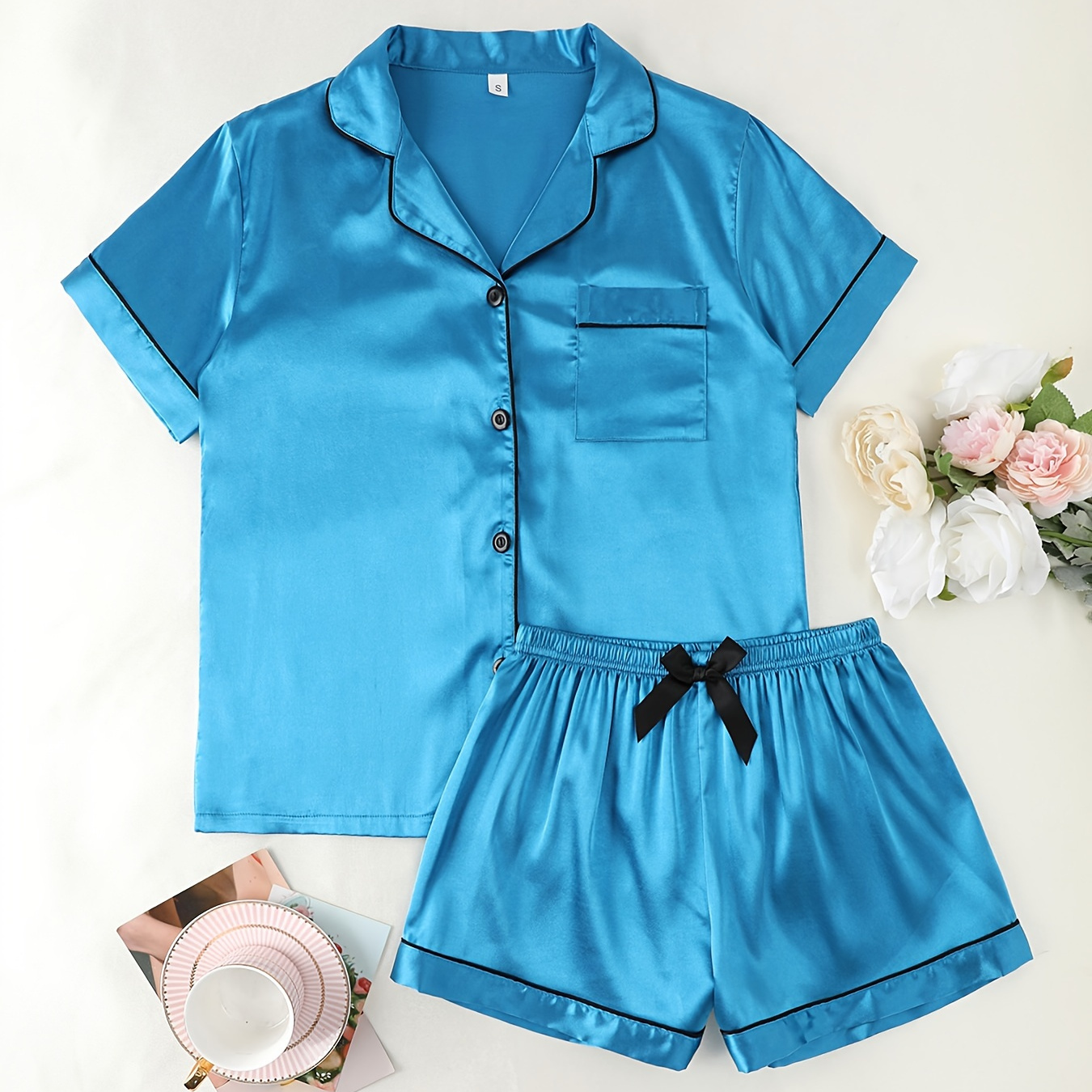 

Women's Solid Satin Casual Pajama Set, Short Sleeve Buttons Lapel Top & Shorts, Comfortable Relaxed Fit