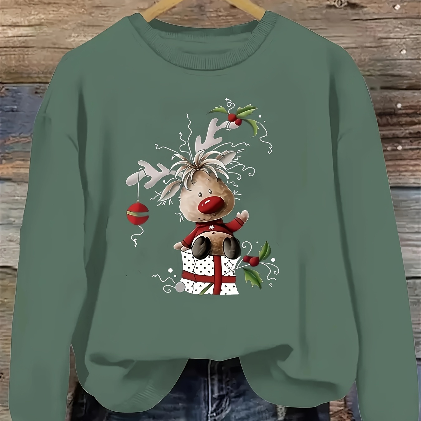 

Women's Plus Size Christmas Reindeer Print Sweatshirt - Casual Long Sleeve Crew Neck Pullover, Machine Washable