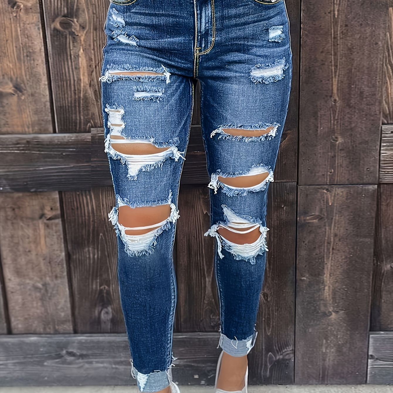 

Ripped Distressed Washed Blue Casual Denim Pants, Women's Denim Jeans & Clothing