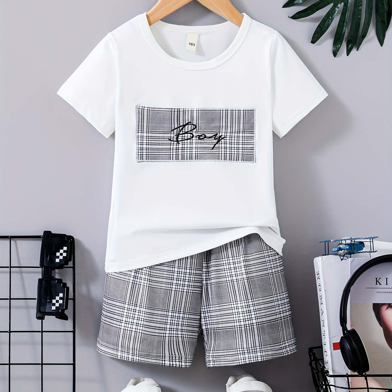 TEMU 2pcs Boys Casual Boy Letter Graphic Print Short Sleeve T-shirt & Plaid Shorts Set, Comfy Summer Boys Clothes