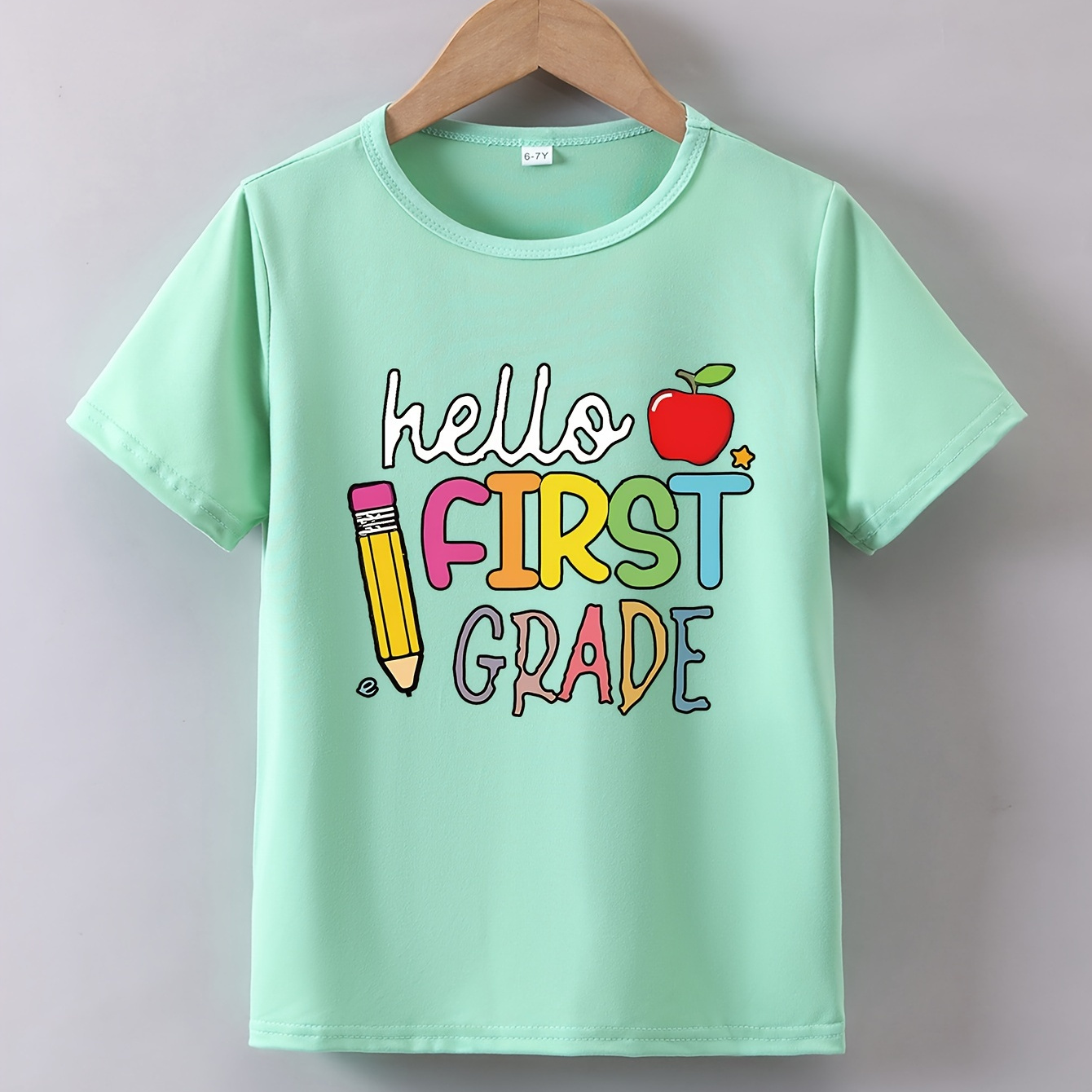 

Girls' Cartoon Pencil Print Short Sleeve "hello First Grade" T-shirt, Casual Knit Top With Round Neck - Summer Tee