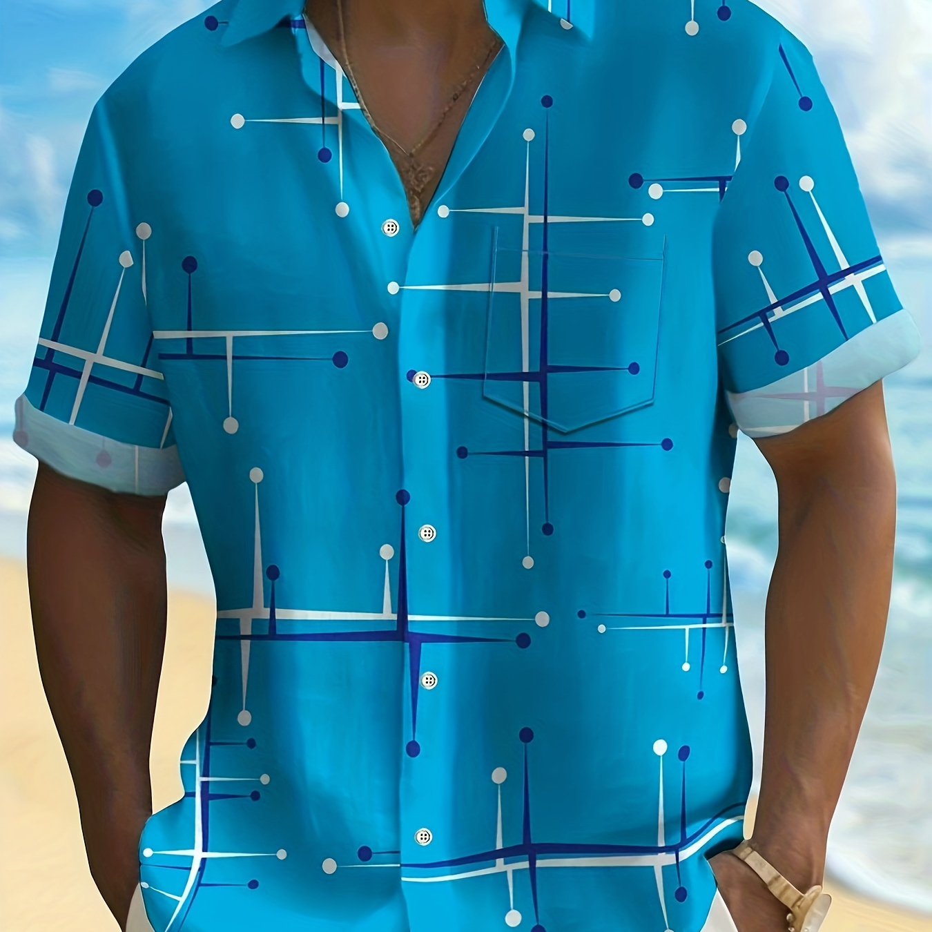 

Geometric Line Pattern Men's Short Sleeve Lapel Shirt With Chest Pocket, Men's Button Up Tops For Summer Outdoor