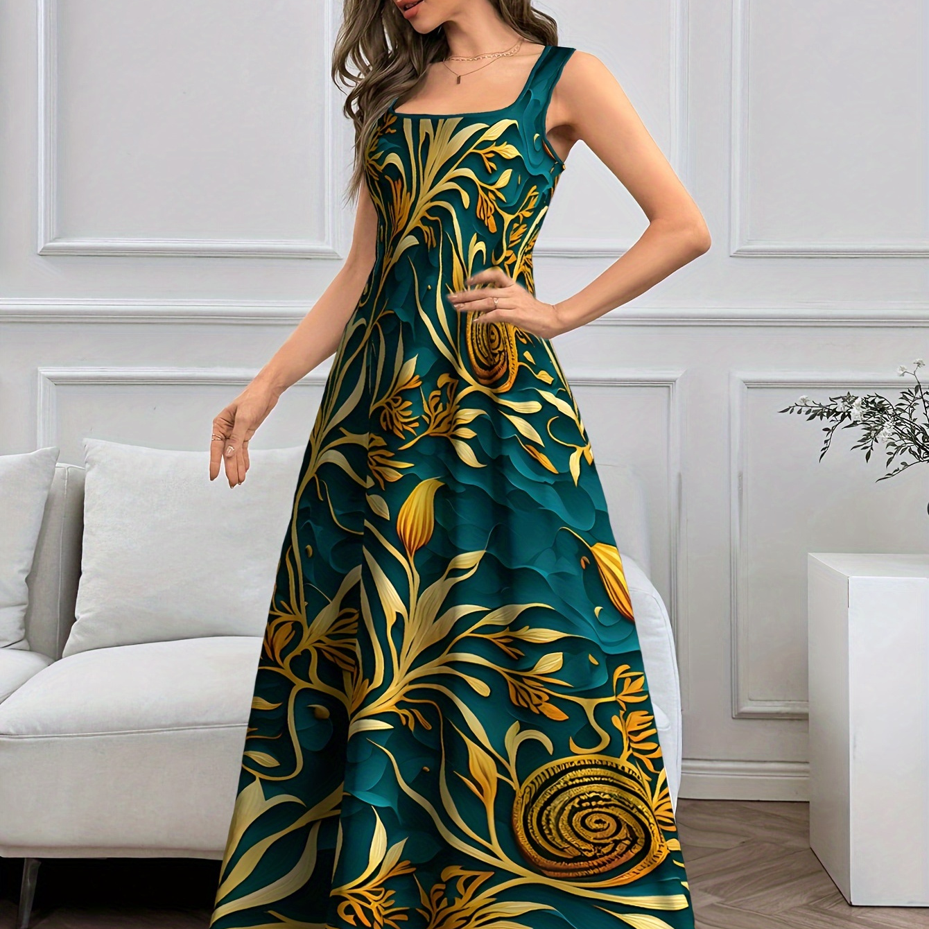 

Robe Maxi Manches à Imprimé pour Femme - Décontracté, Vert Vibrant & Doré, Parfaite pour /Été, Mélange de Polyester Facile d'Entretien, Robes Mignonnes