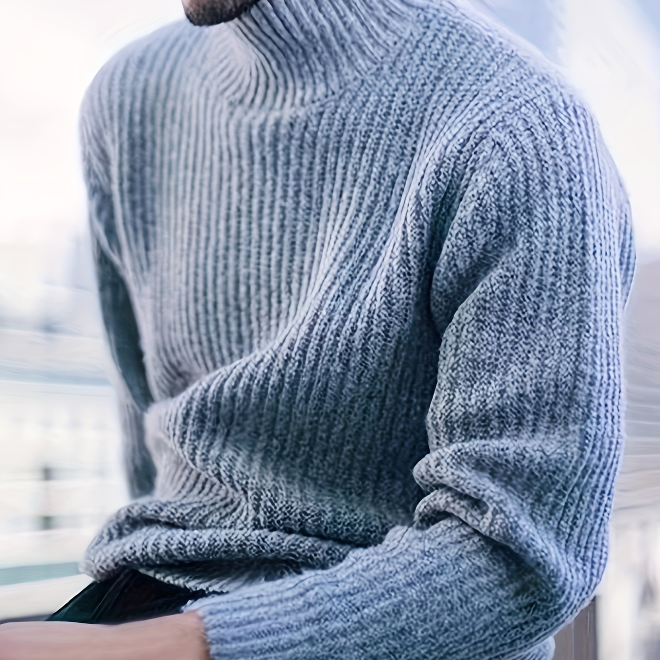 Plus Size Men's Solid Knit Textured Sweater Spring Fall Winter Turtleneck Pullover, Men's Clothing