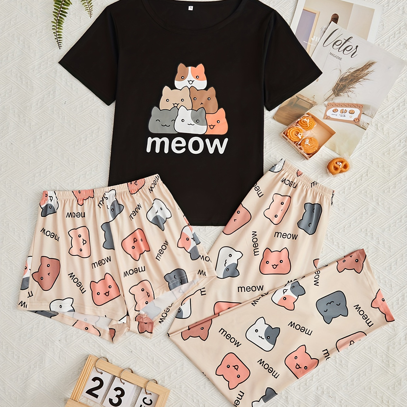 

Cartoon Cat & Letter Print Pajama Set, Short Sleeve Crew Neck Top & Shorts & Pants, Women's Sleepwear & Loungewear