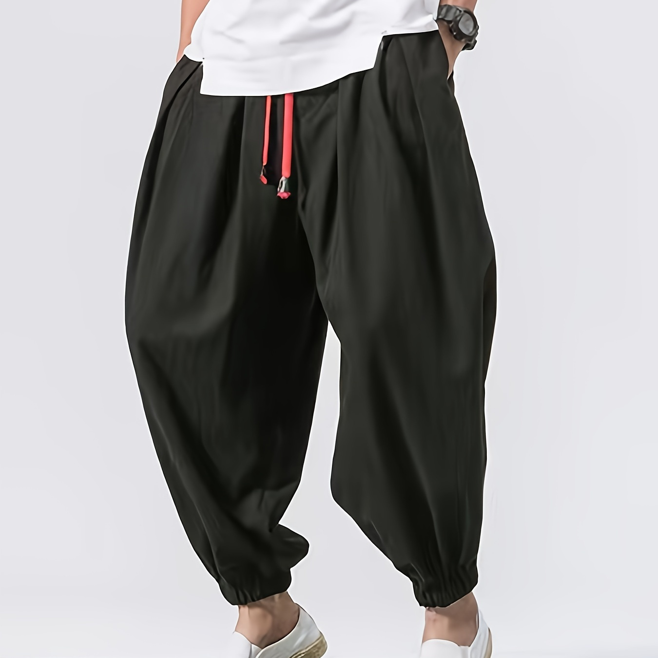 

Men's Baggy Solid Track Cropped Pants With Pockets, Casual Drawstring Joggers For Outdoor Activities Gift