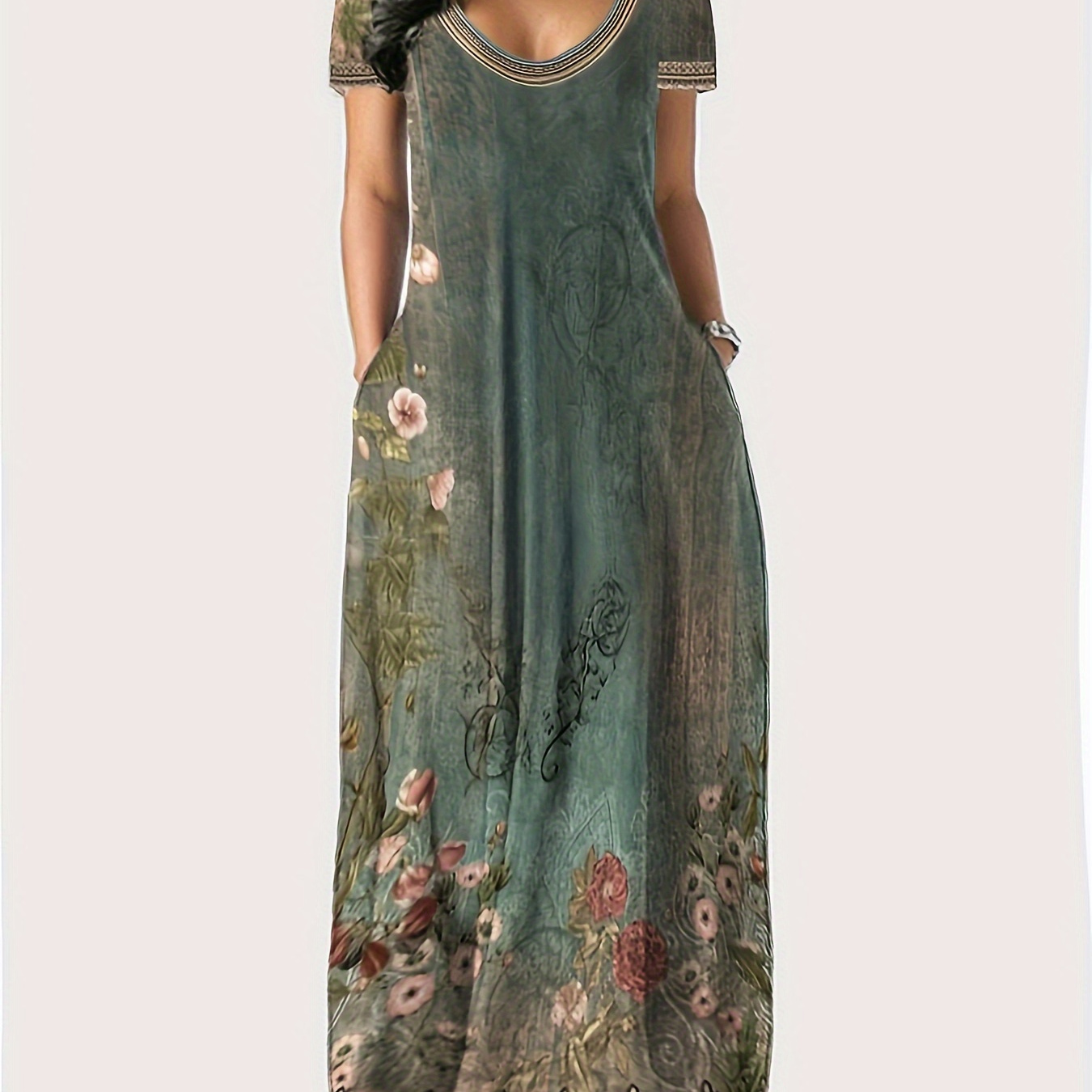 

Robe Maxi Élégante à Imprimé Floral pour Femme - Col Rond, Manches Courtes, Mélange de Polyester Extensible, Lavable en Machine - Parfaite pour l'Été