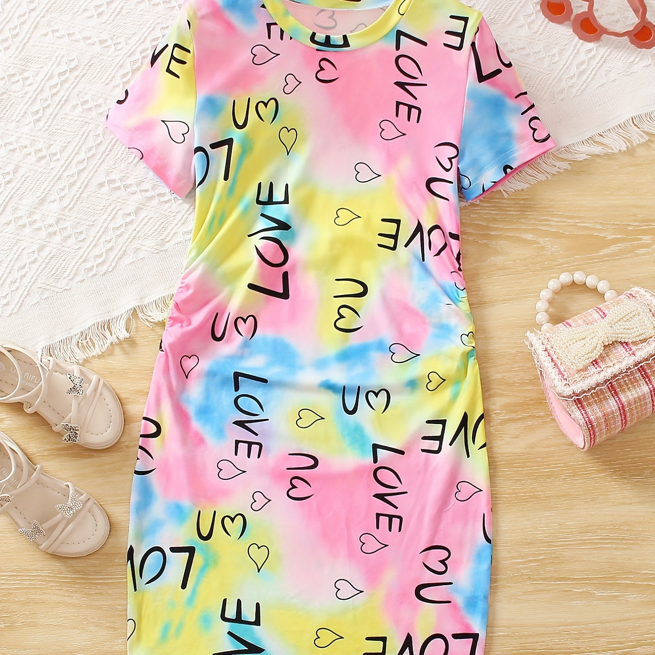 Girls Rainbow Tie Dye & Letter Graphic Short Sleeve Dress For Going Out Party Beach Holiday Vacation Kids Summer Clothes