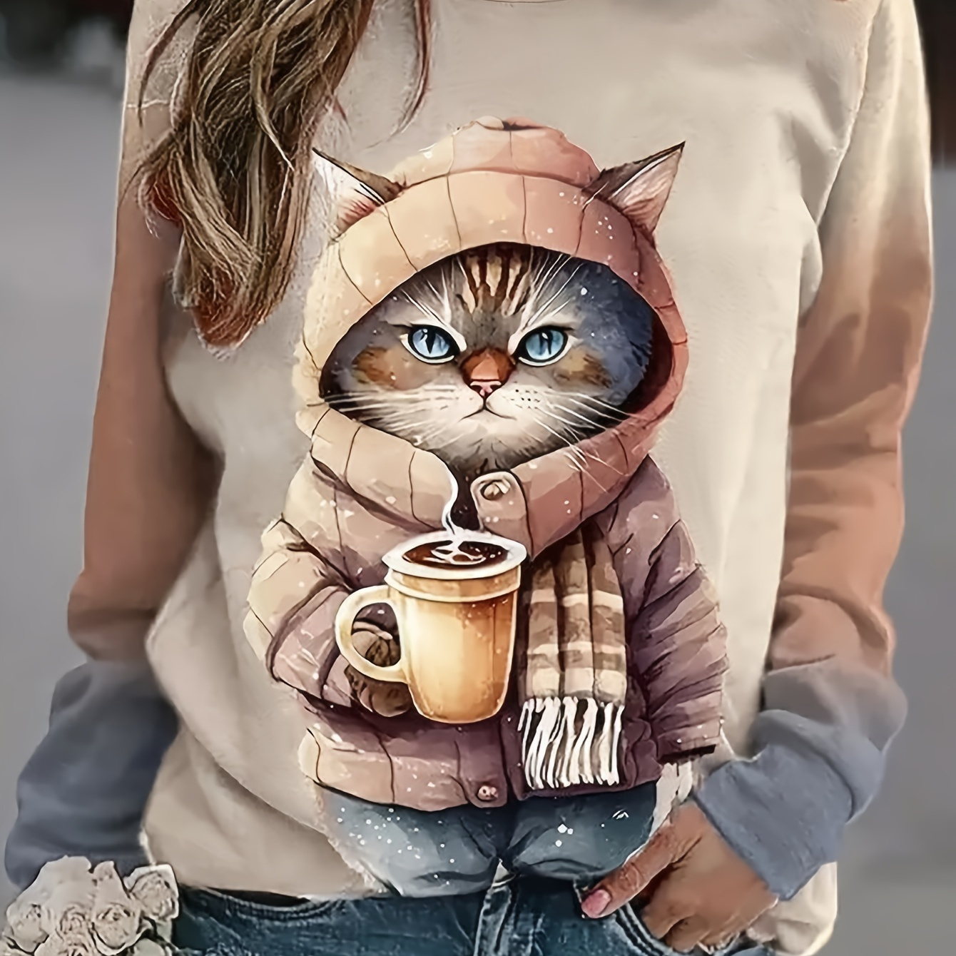 

Cat Print Pullover Sweatshirt, Casual Long Sleeve Crew Neck Sweatshirt For Fall & Winter, Women's Clothing