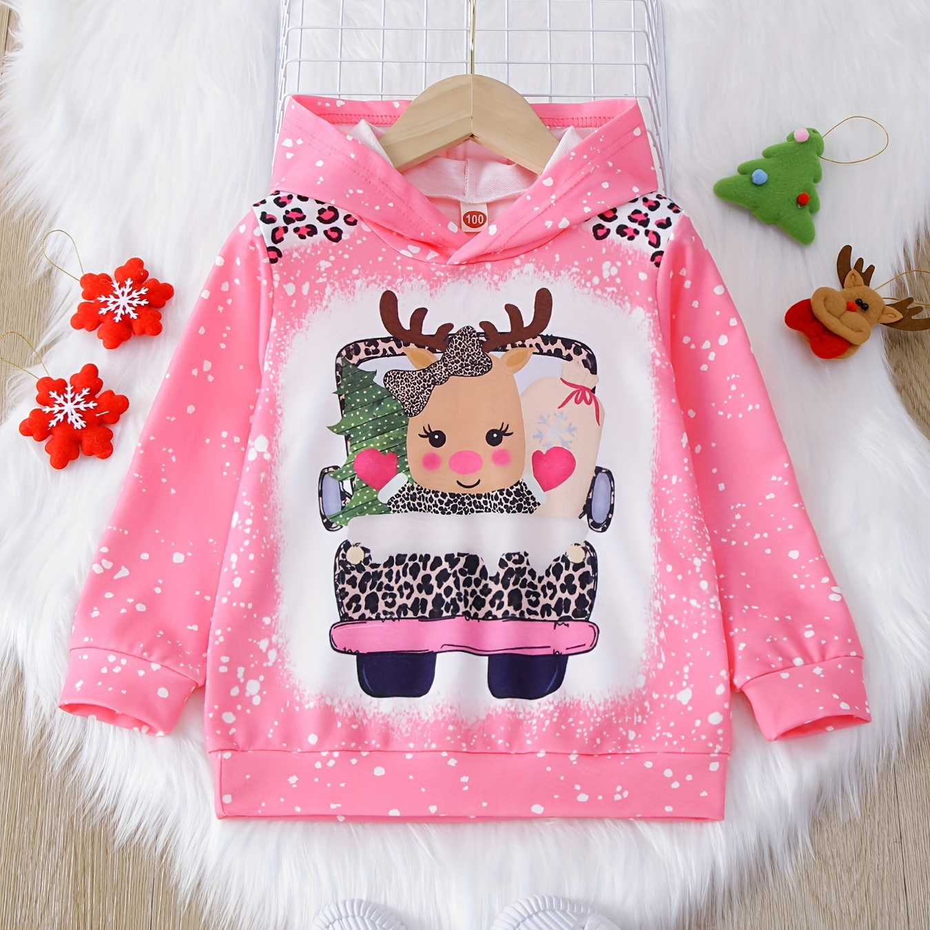 

Girls Christmas Deer Print Hoodie Sweatshirt, Kids Long Sleeve Daily Casual Tops For Fall/ Spring, Gift Idea