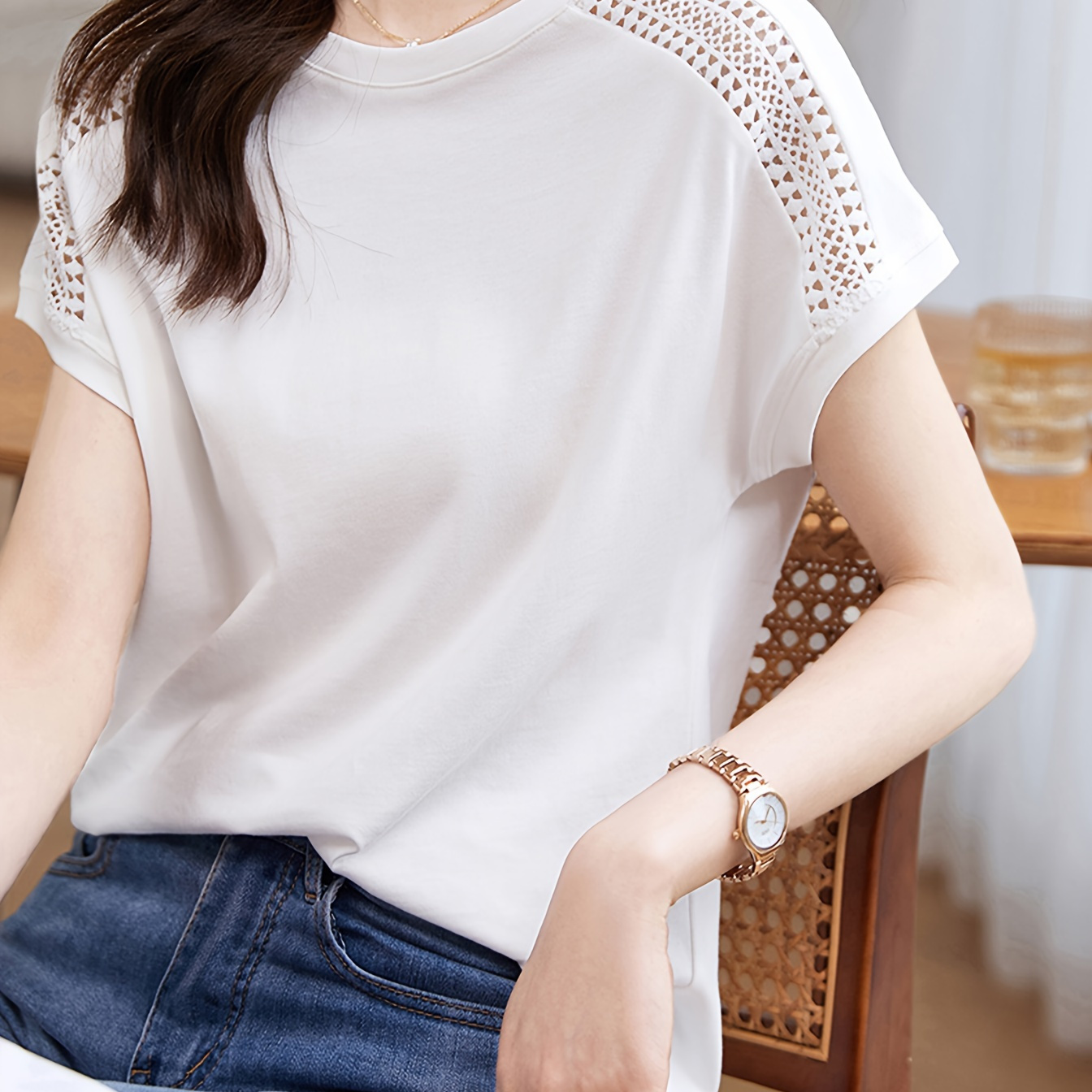 

Eyelet Embroidered Crew Neck T-shirt, Elegant Short Sleeve T-shirt For Spring & Summer, Women's Clothing