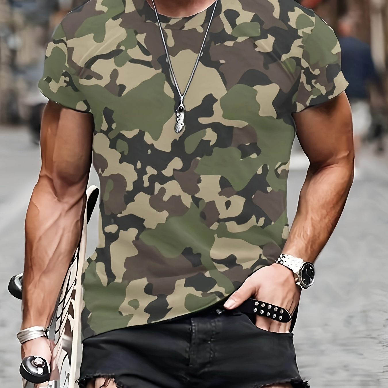 

Camouflage Pattern T-shirt, Men's Casual Street Style Stretch Round Neck Tee Shirt For Summer