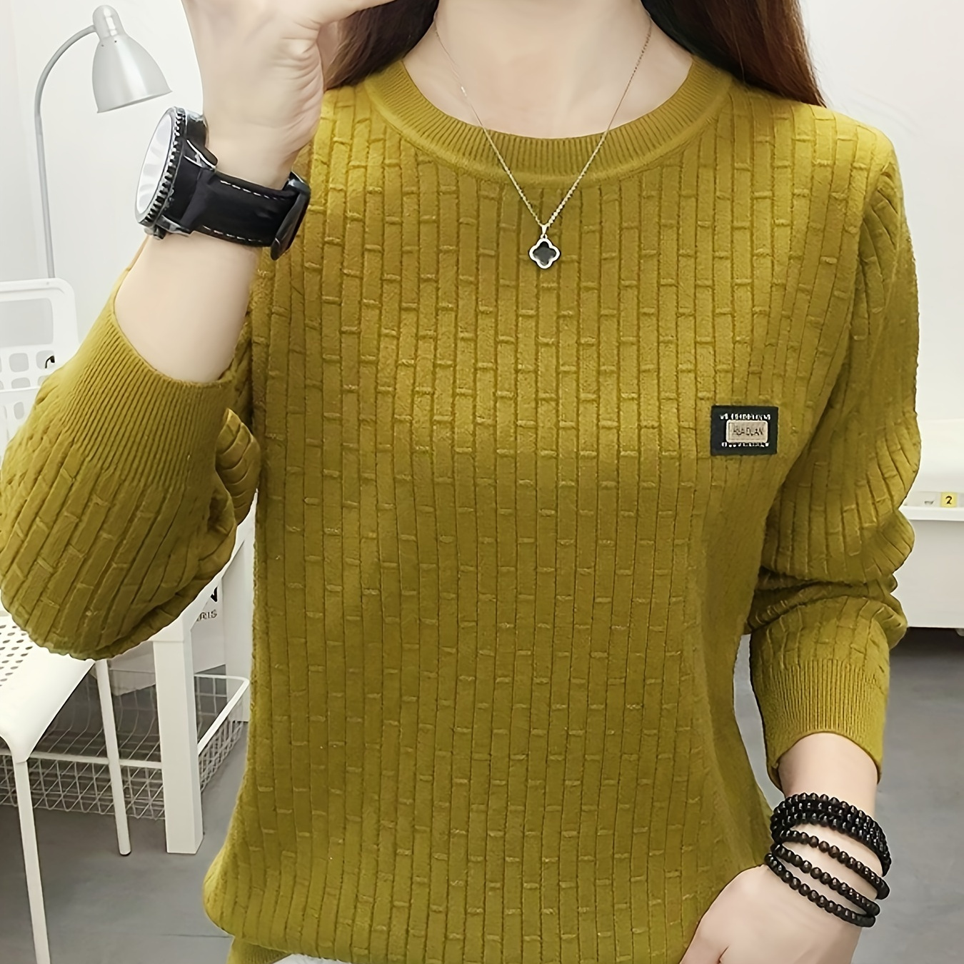 

Letter Pattern Crew Neck Sweater, Elegant Long Sleeve Sweater For Fall & Spring, Women's Clothing