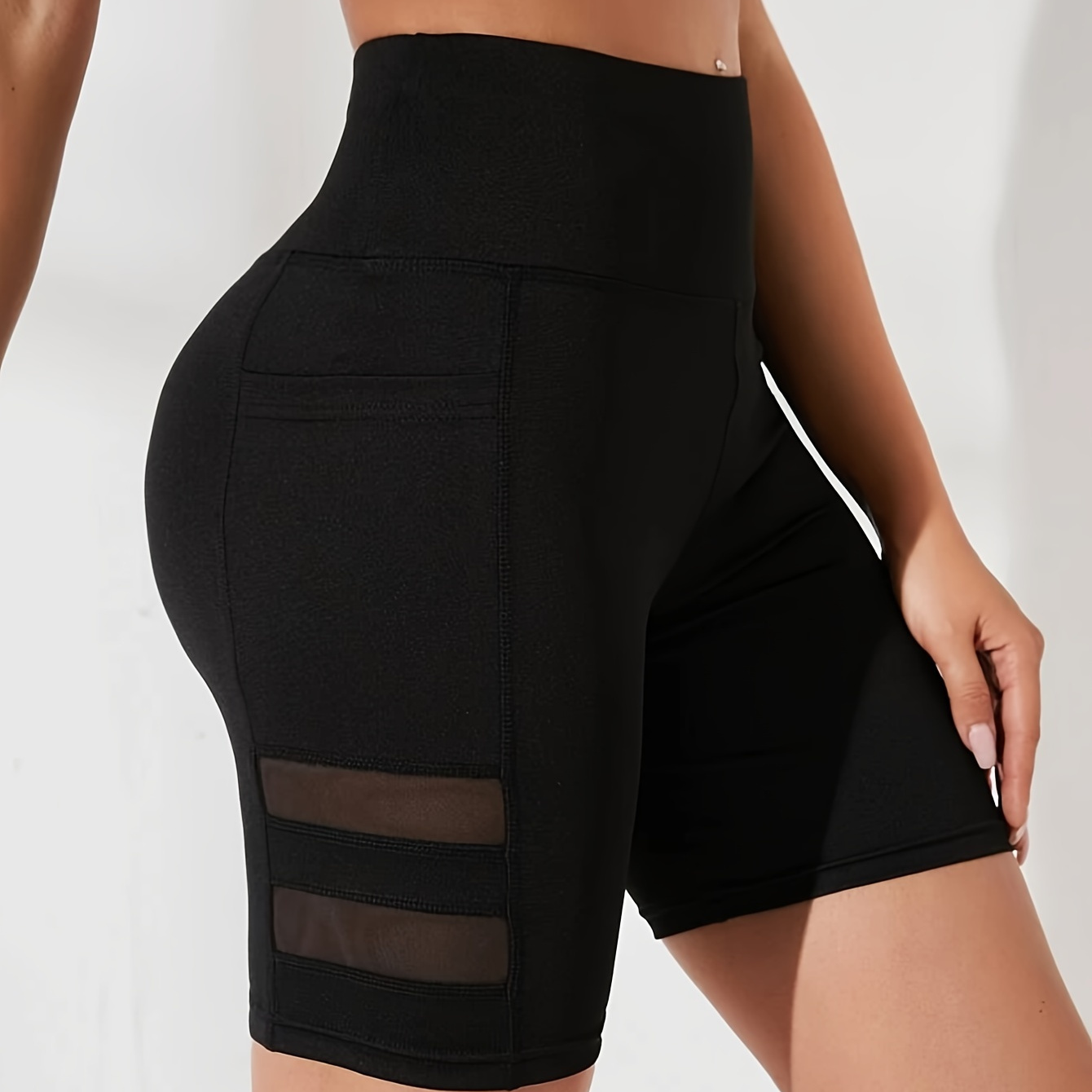 

Mesh Skinny Shorts, Casual High Waist Workout Shorts With Pocket, Women's Clothing
