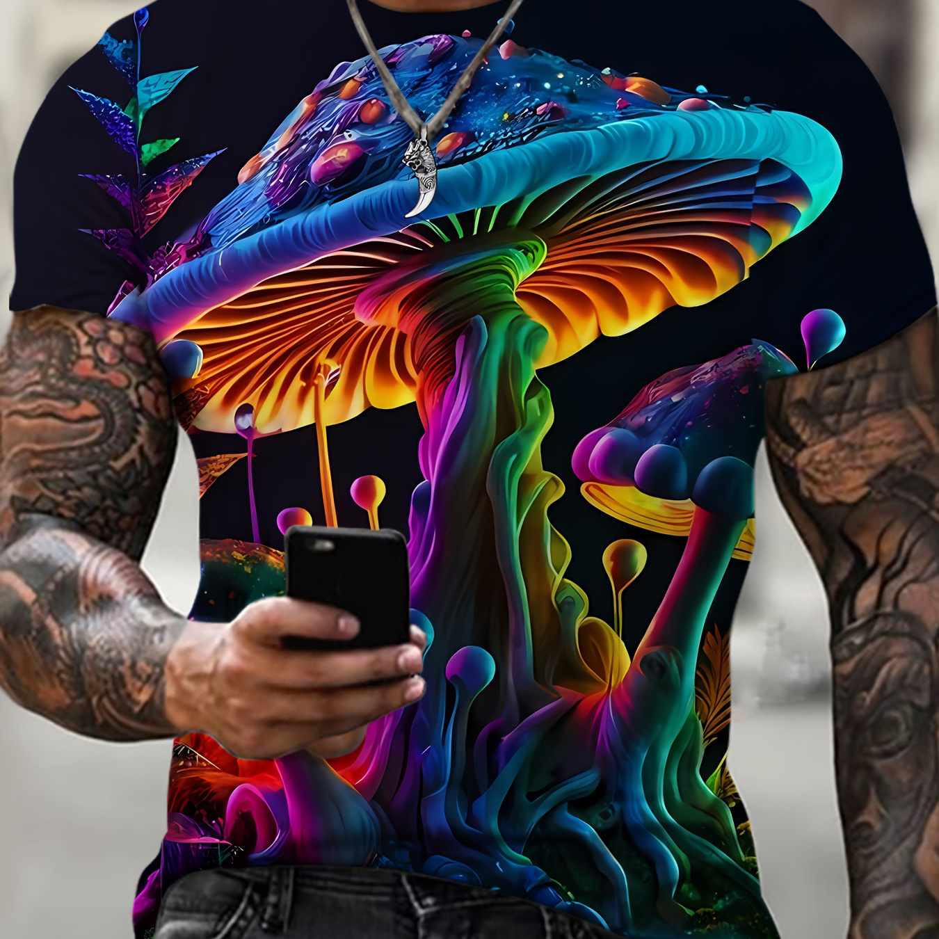 

Plus Size Men's Colorful Mushroom Graphic Print T-shirt For Summer, Trendy Casual Short Sleeve Tees