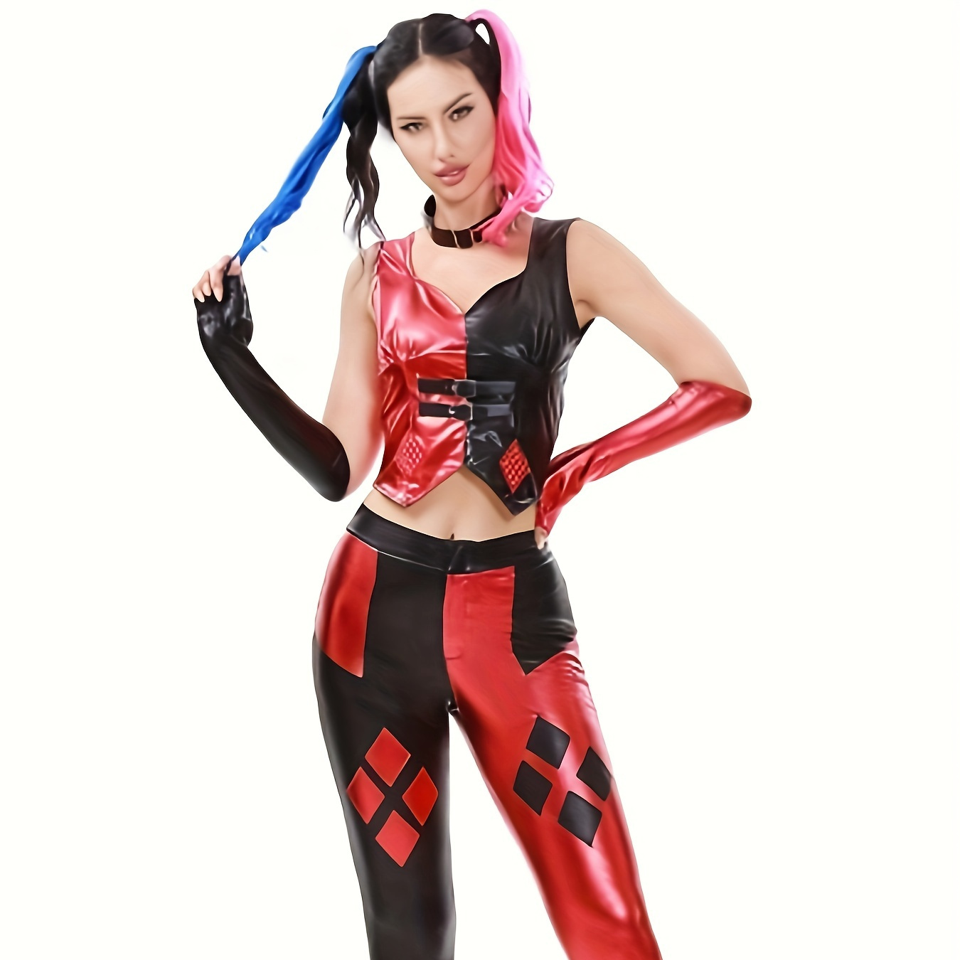 

5 Pcs Set Costume For Women Clothing Cosplay Outfit Tops And Pants With Gloves Choker Hairpieces Red And Black