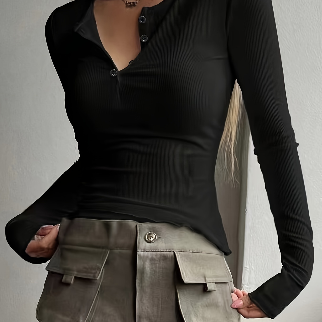 

Ribbed Solid T-shirt, Casual Long Sleeve Top For Spring & Fall, Women's Clothing