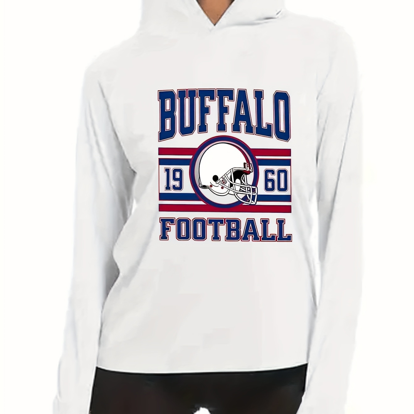 

Women's Buffalo Football Graphic Hooded T-shirt, Casual Long Sleeve Knit Top, 95% Polyester 5% Elastane, Regular Length, Applique Detail, Fall/