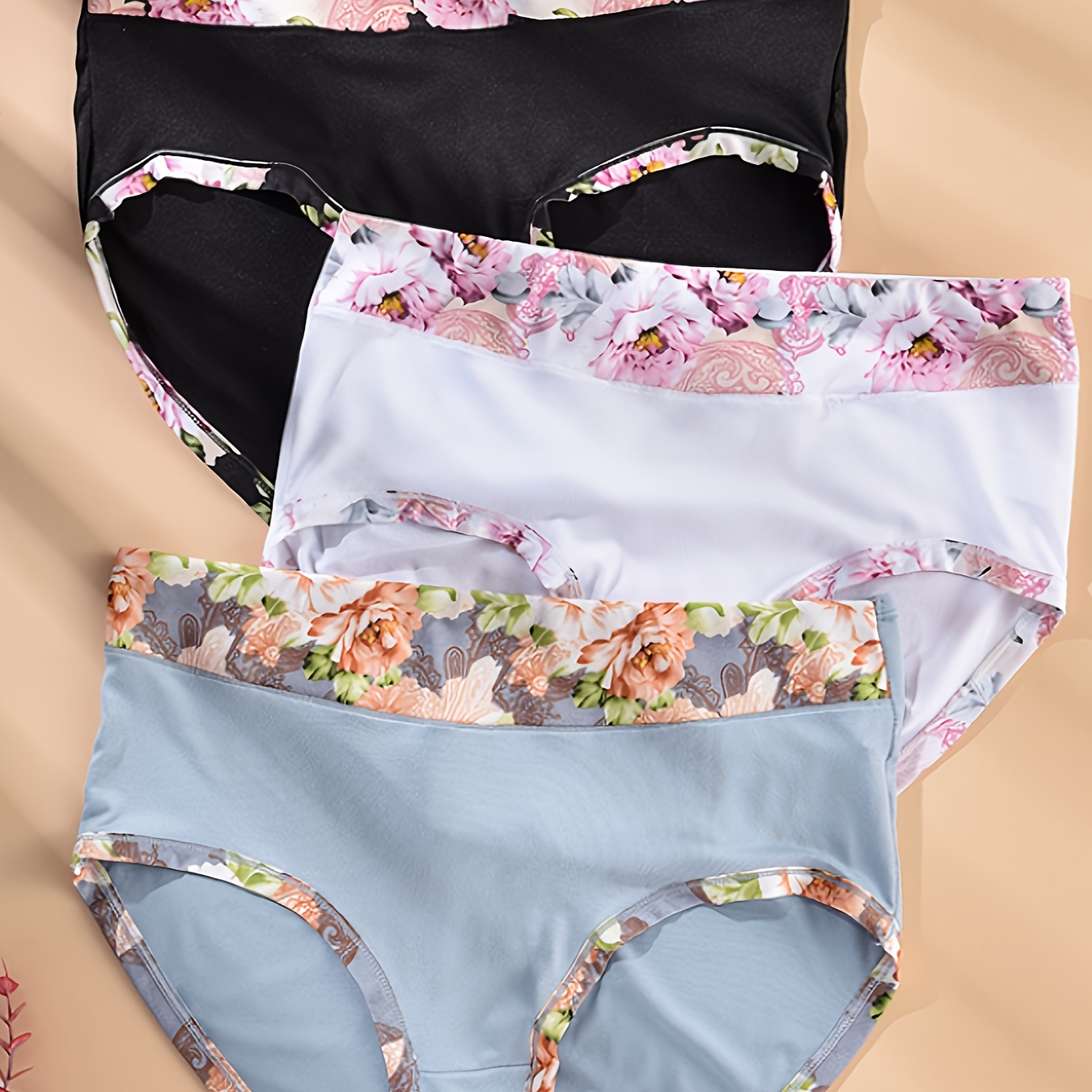 

3 Pack Women's Elegant Panties Set, Plus Size Contrast Floral Print High Rise Stretchy Soft Briefs 3pcs Set