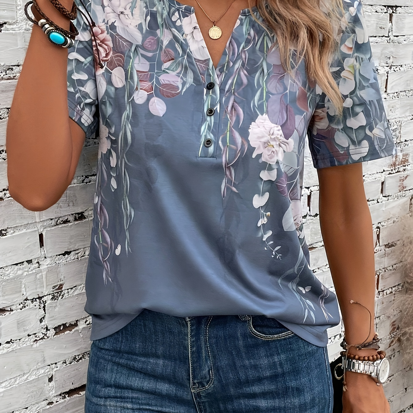 

Floral Print Button Front T-shirt, Vintage Notched Neck Short Sleeve T-shirt For Spring & Summer, Women's Clothing