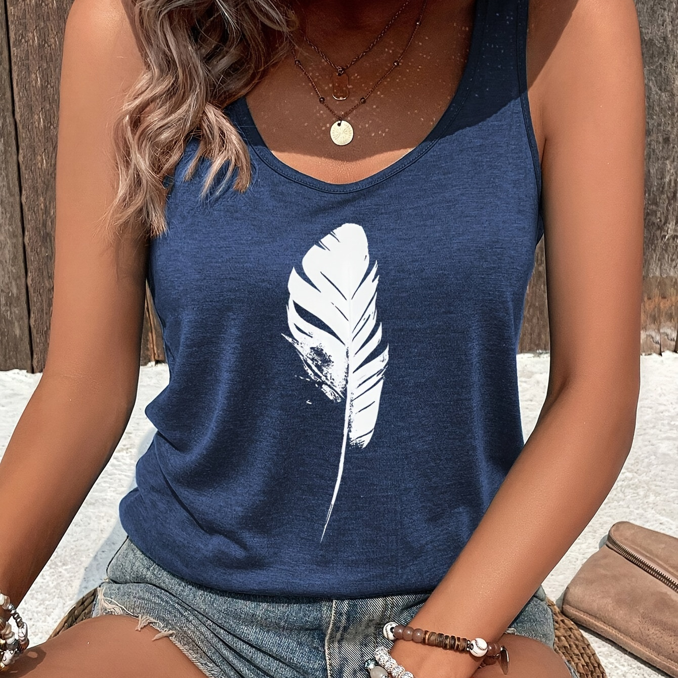 

Feather Print Crew Neck Tank Top, Casual Sleeveless Top For Spring & Summer, Women's Clothing