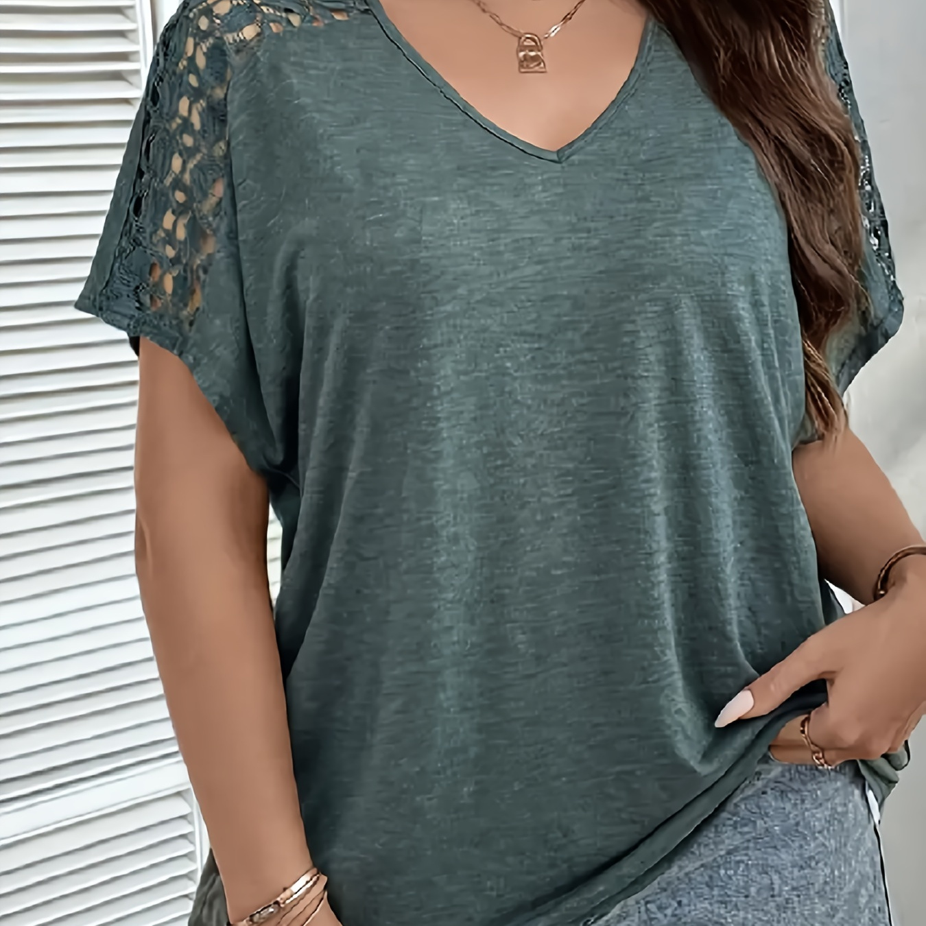 

Plus Size Solid Color Lace Stitching T-shirt, Casual Batwing Sleeve V Neck Top For Spring & Summer, Women's Plus Size Clothing
