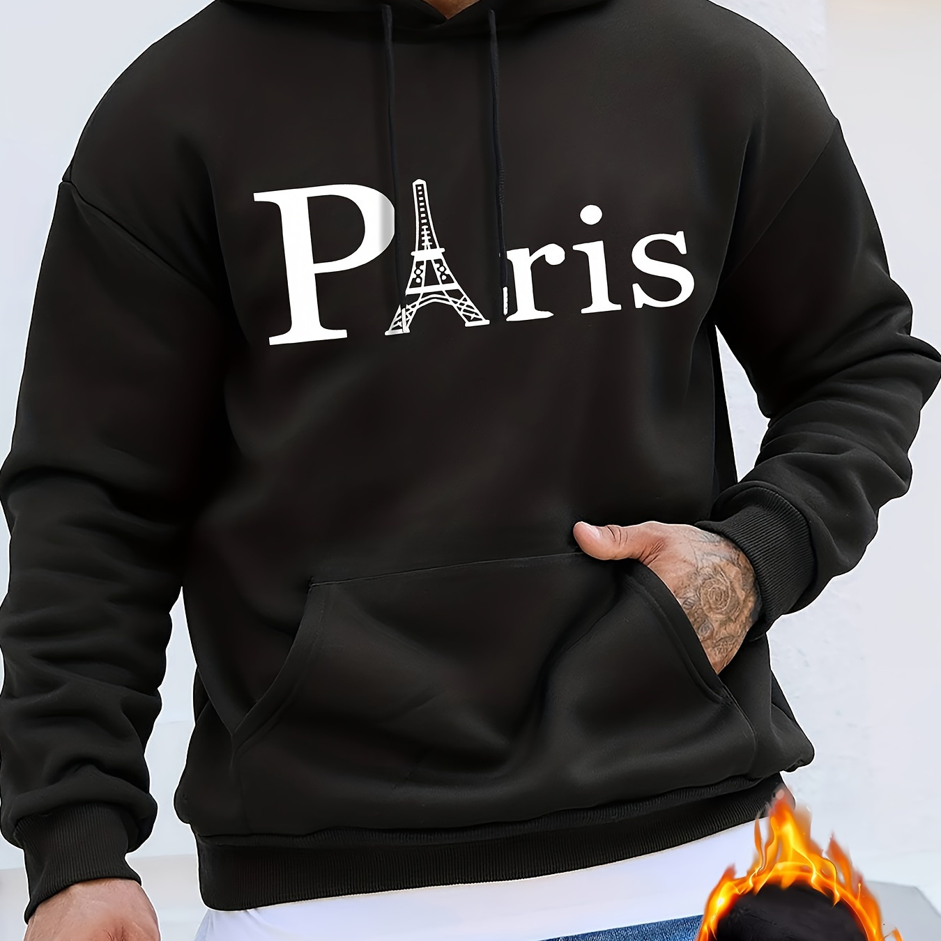 

paris" Print Hoodie With Kangaroo Pocket, Men's Casual Pullover Hooded Sweatshirt