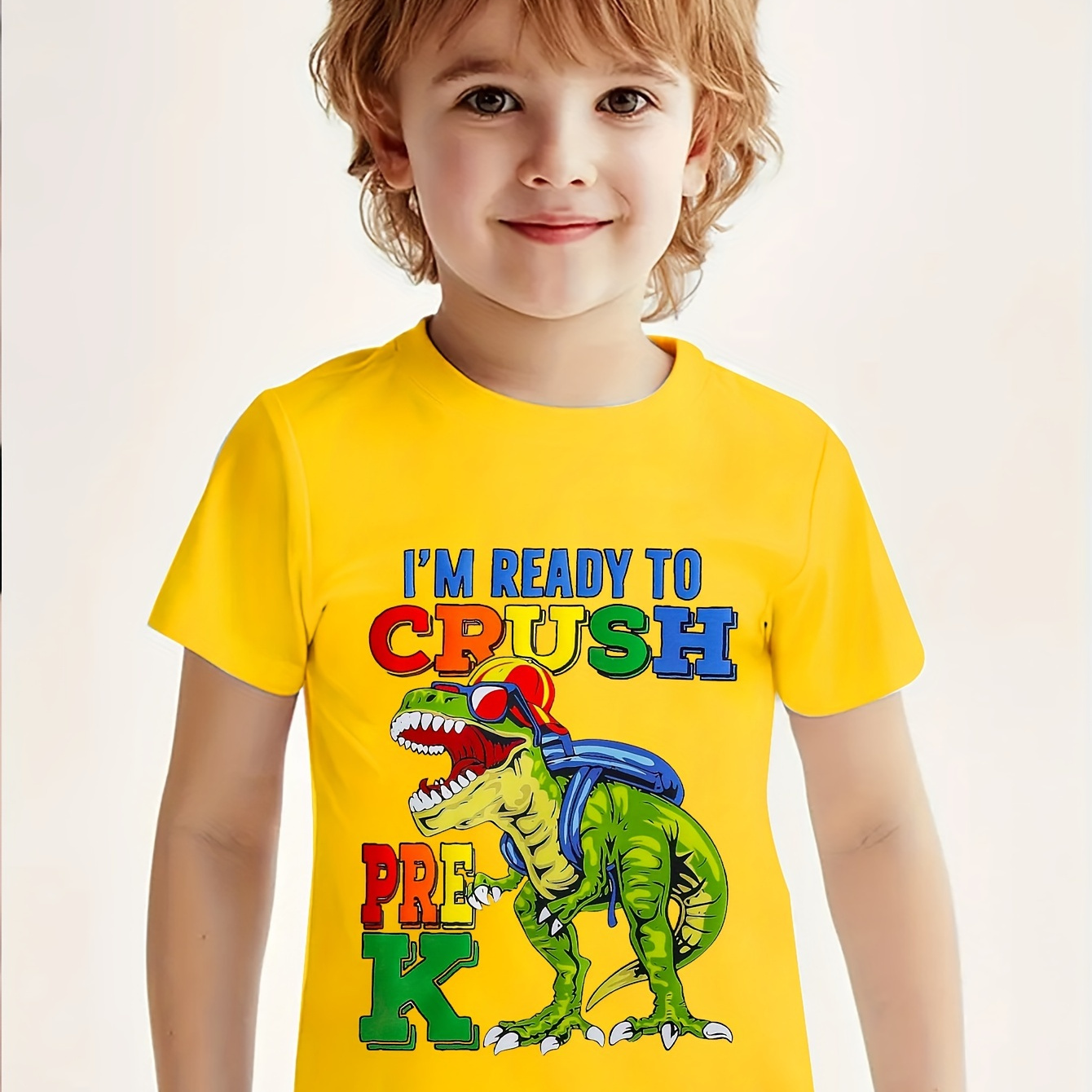 

Dinosaur Ready To Crush Pre-k Print T-shirt, Tees For Boys, Casual Short Sleeve T-shirt For Summer Spring Fall