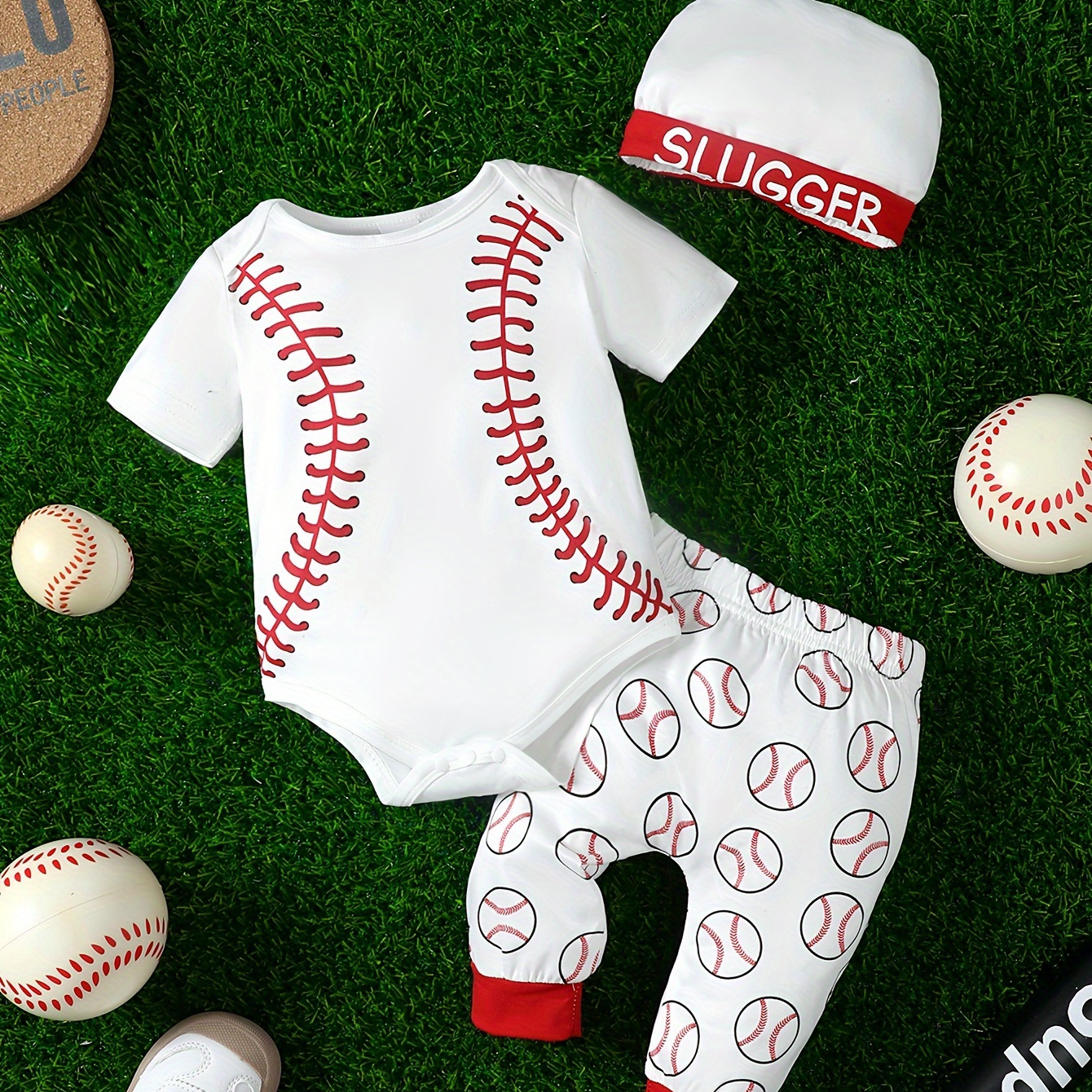 

Newborn Baby Boys Short Sleeve Baseball Print Jumpsuit + Colorblock Full Baseball Print Pants + Letter Print Hat Casual 3pcs Sports Outfits