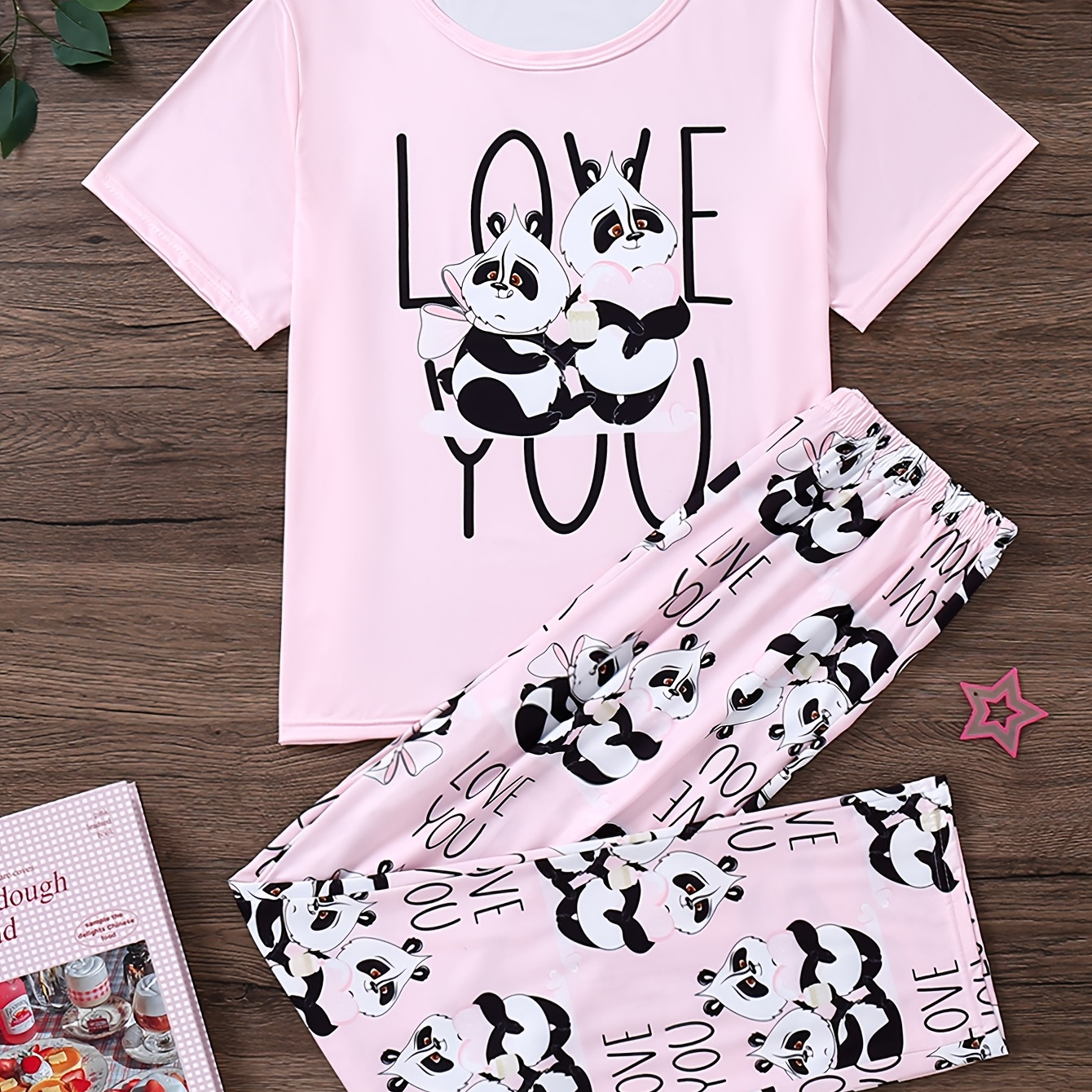 

Women's Cute Cartoon Printed Casual Pajama Set - 100% Polyester Crew Neck Short Sleeve T-shirt & Waistband Long Pants Sleepwear Lounge Set